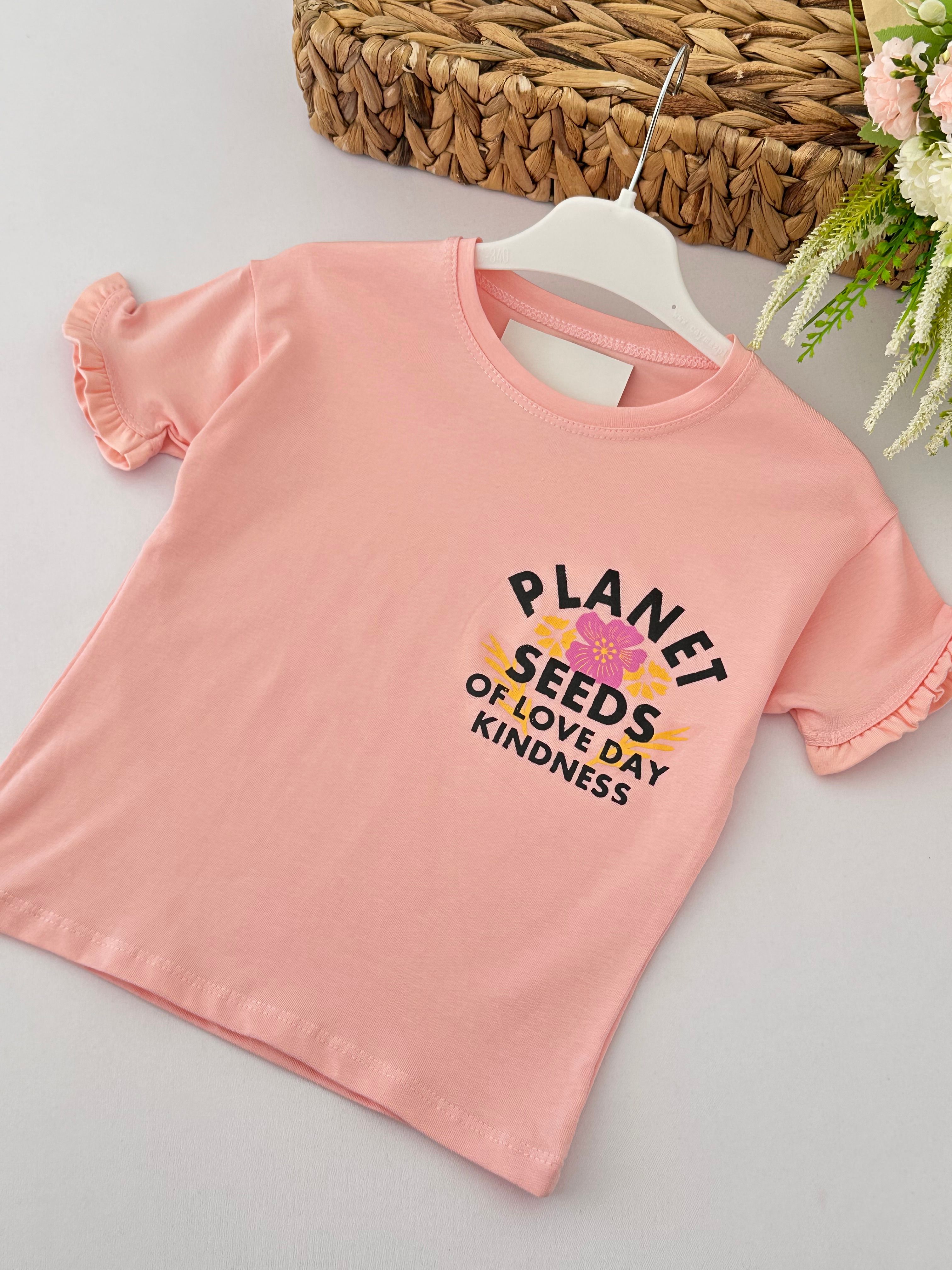 Kız Çocuk Pembe Çiçekli Kolu Fırfırlı Tişört