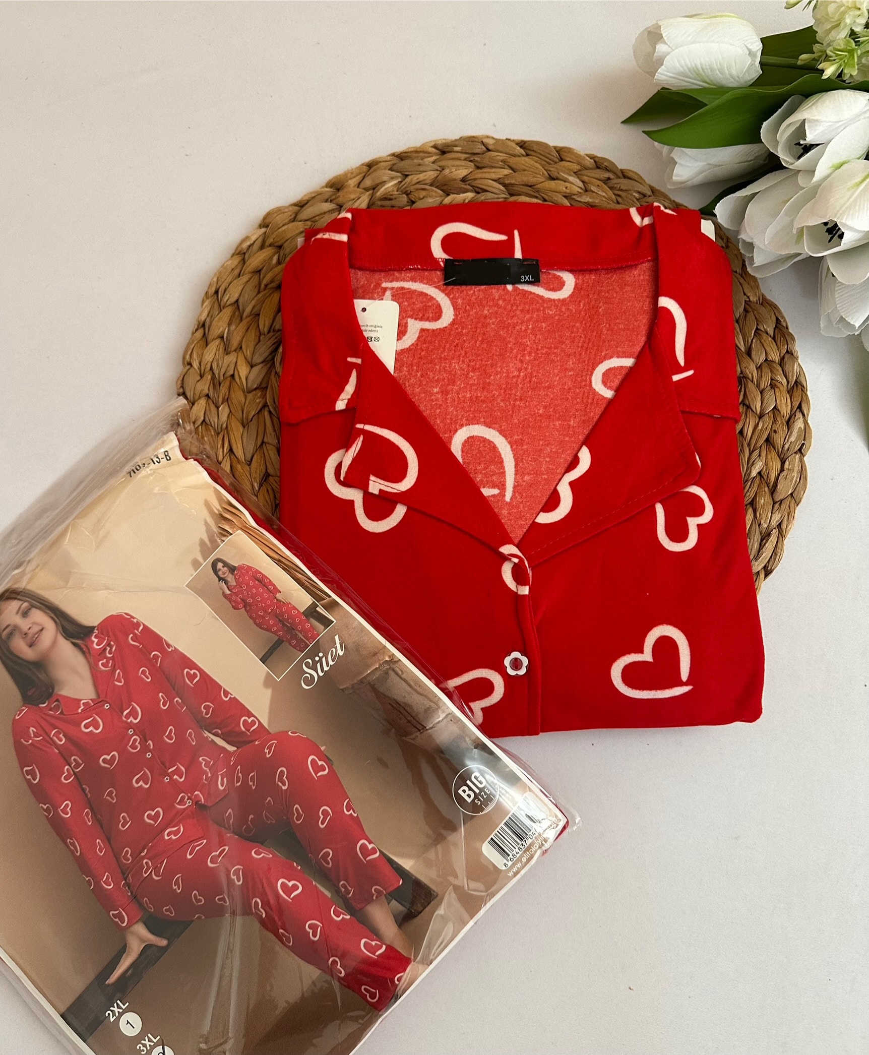 Kırmızı Kalp Desenli Süet Battal Boy Kadın Pijama Takımı