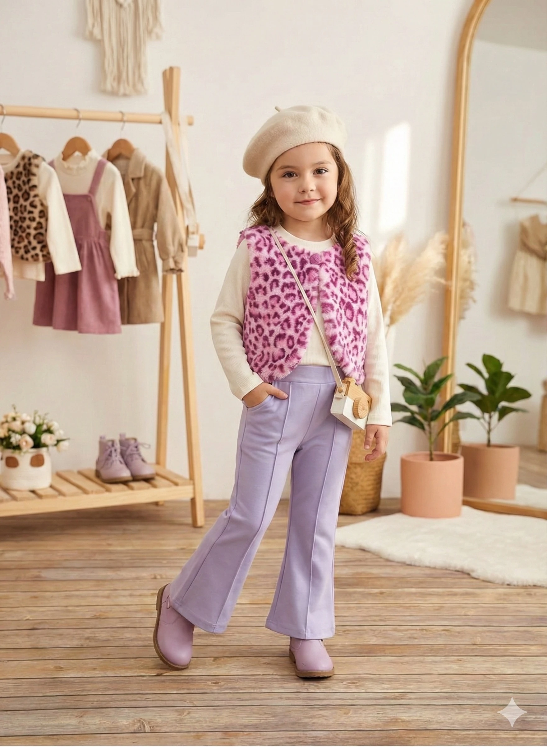Kız Çocuk Leopar Yelekli Mor 3'lü Takım