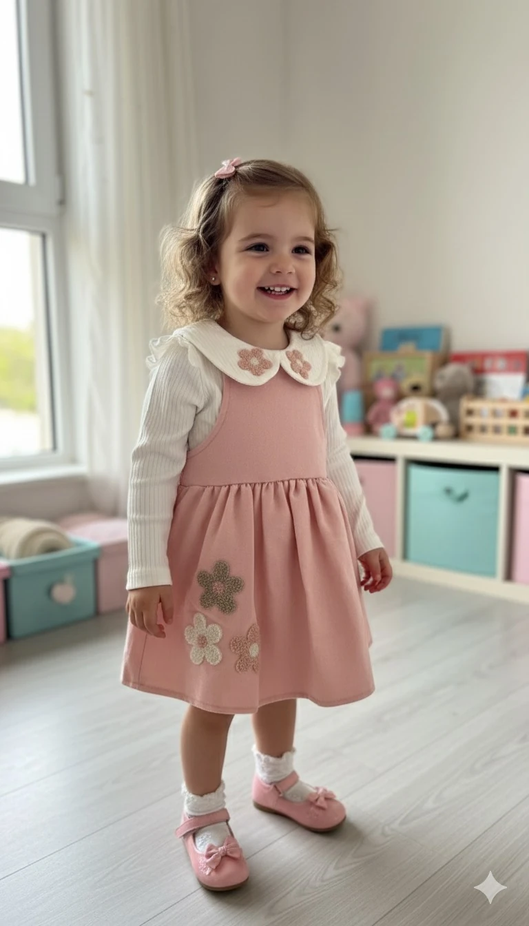 Kız Çocuk Pembe Çiçek Desenli Salopet Elbise