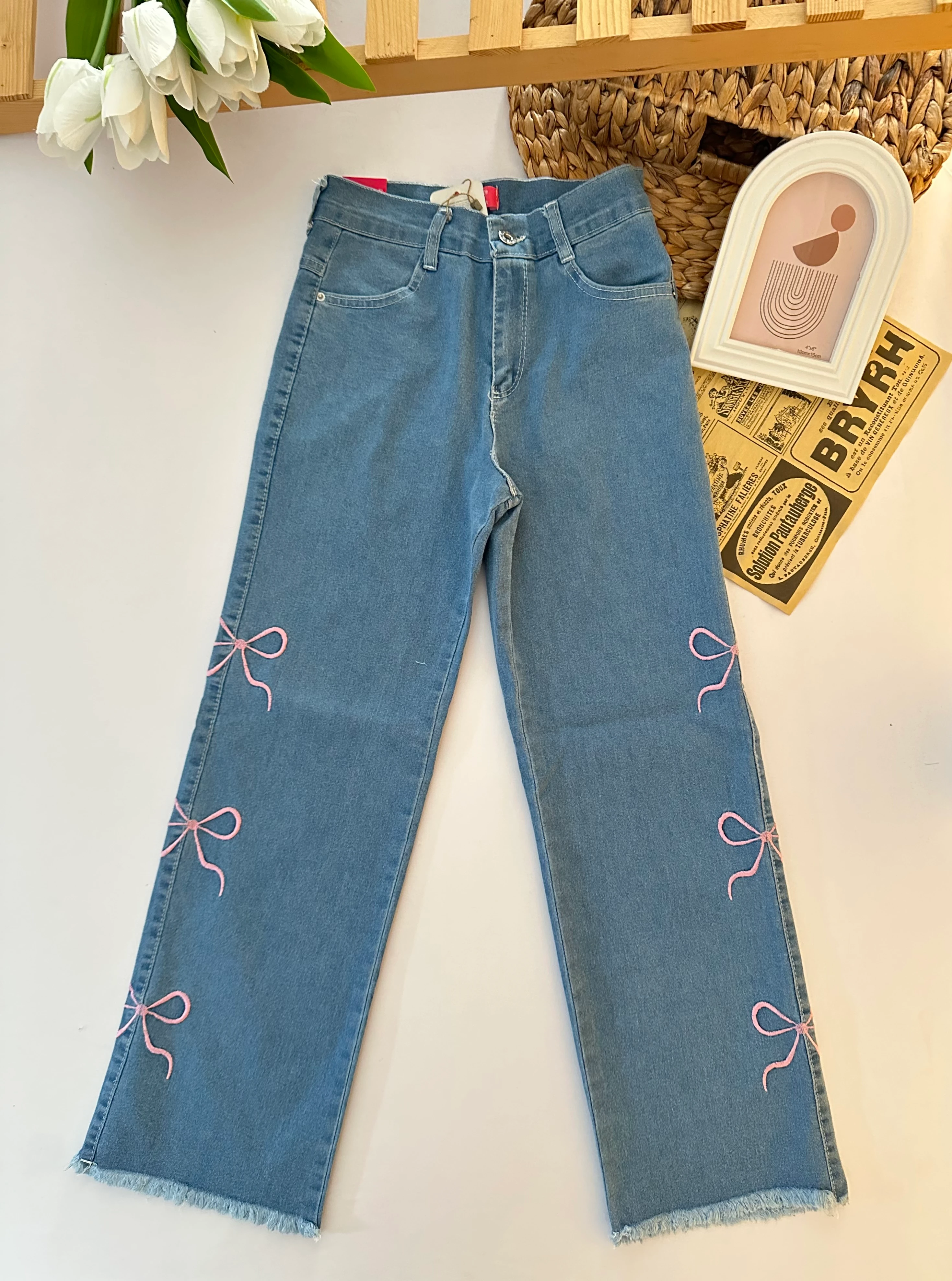 Kız Çocuk Yanı  Fiyınklu Mavi Kot Pantolon