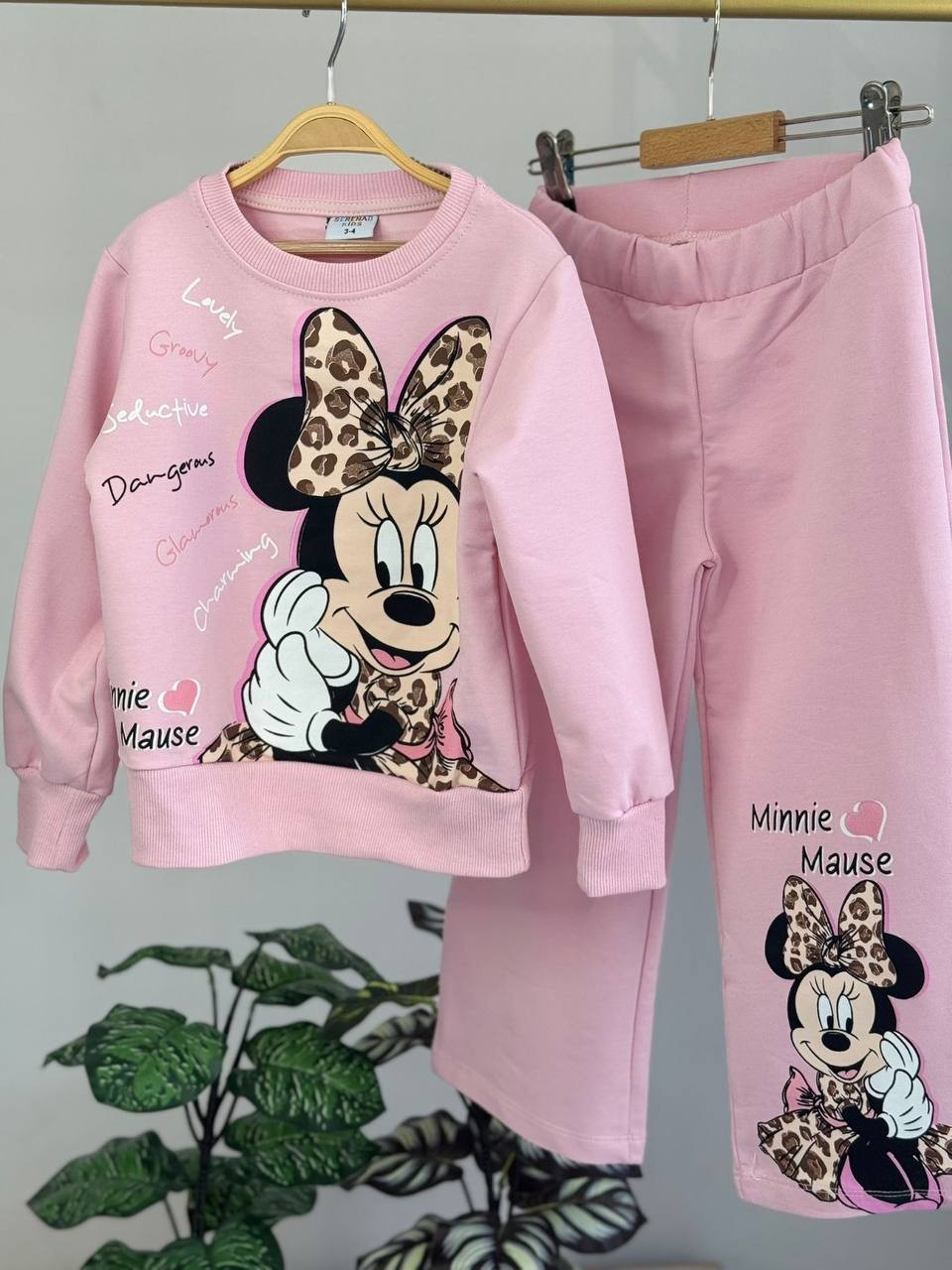 Kız Çocuk Pembe Minnie Leoparlı Bol Paça 2'li Takım