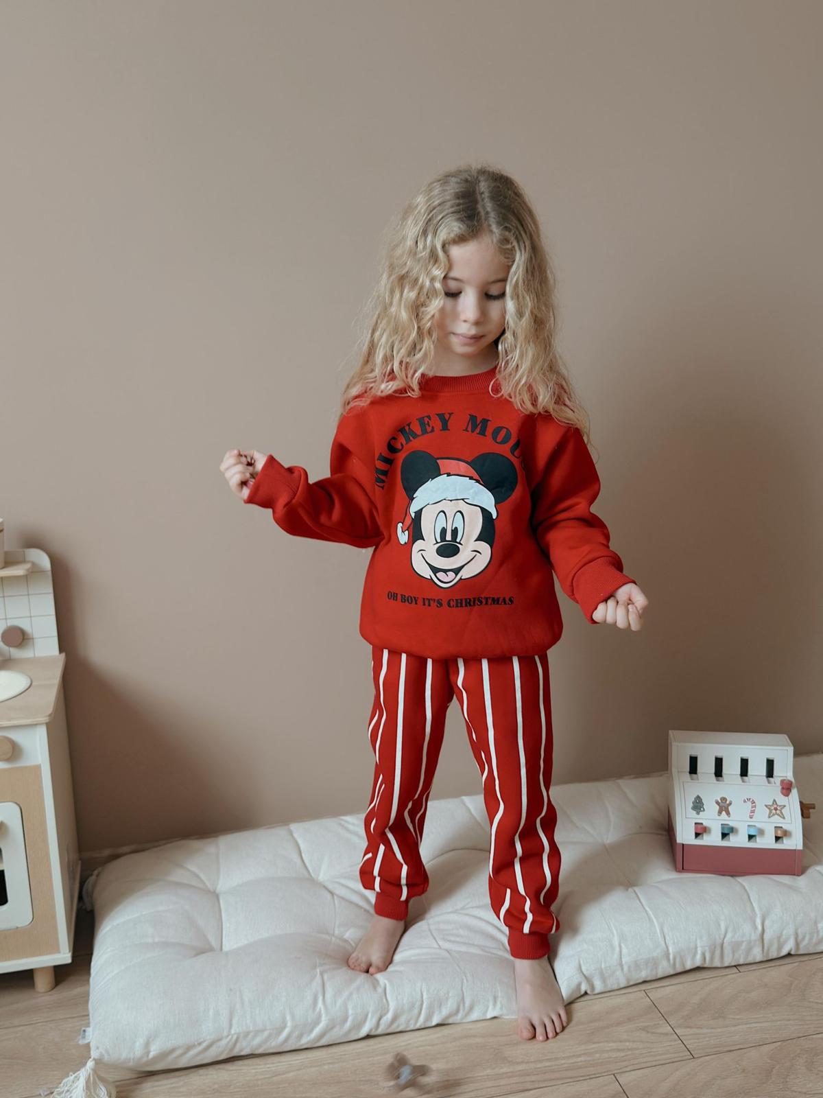 Kız Çocuk Kırmızı Çizgili Mickey Takım