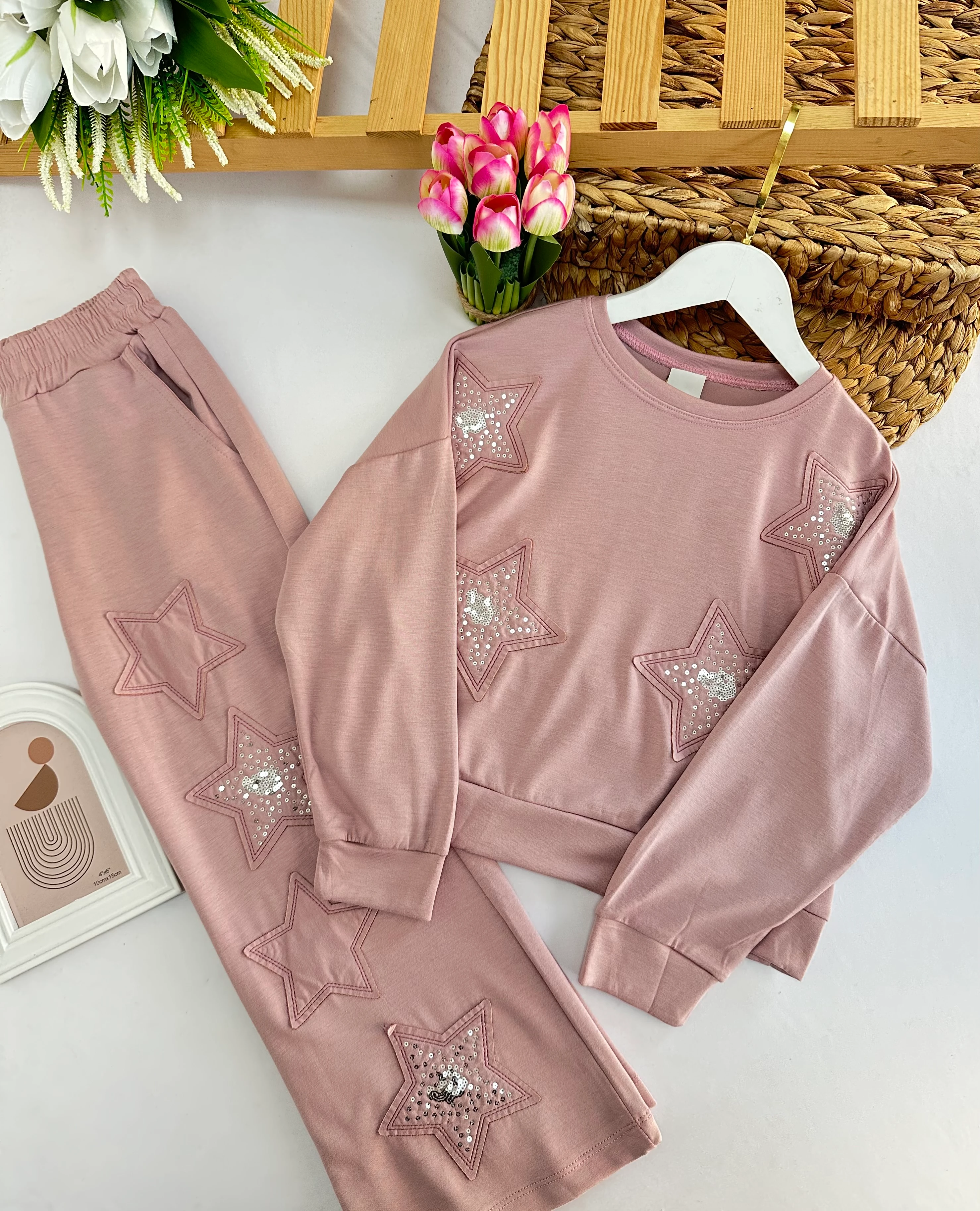 Kız Çocuk Gül Kurusu Oysho Kumaş Yıldızlı Takım