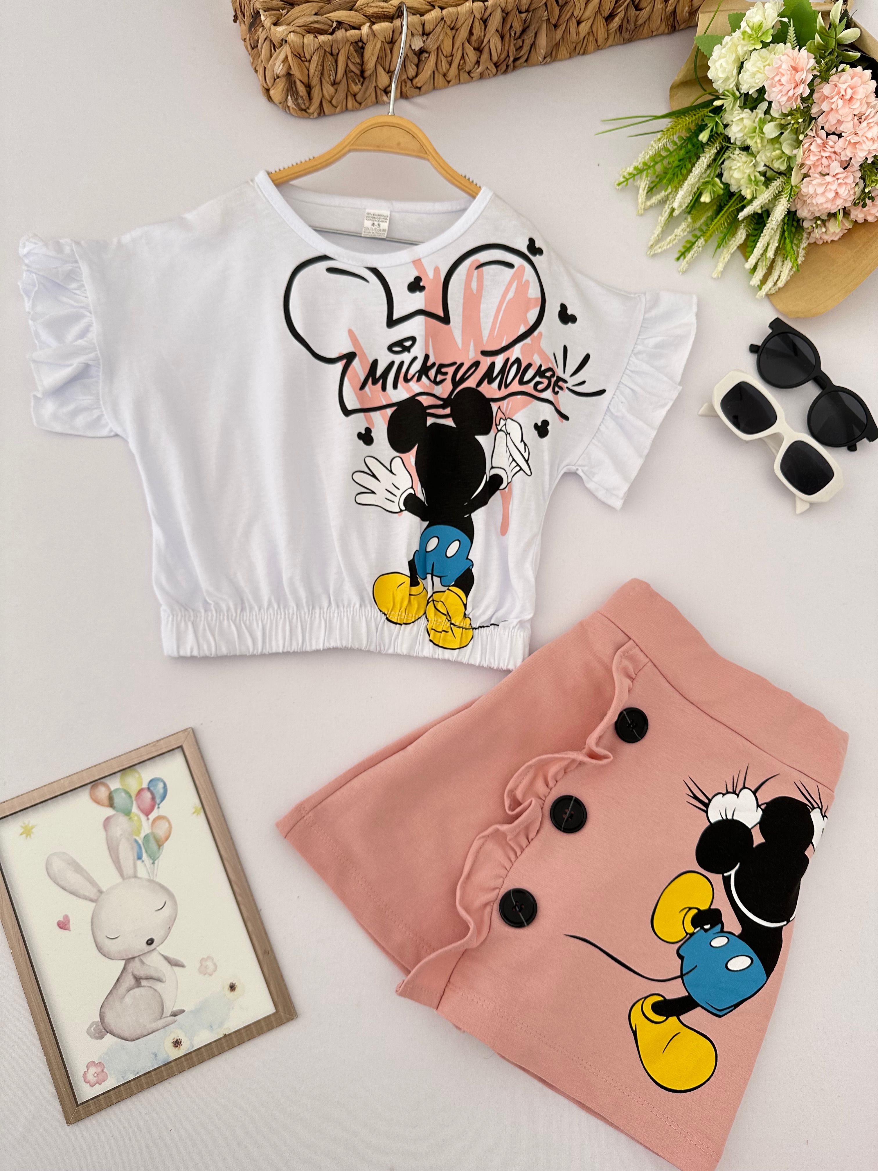 Kız Çocuk Pudra Mickey Mouse Şort Etekli Crop Takım