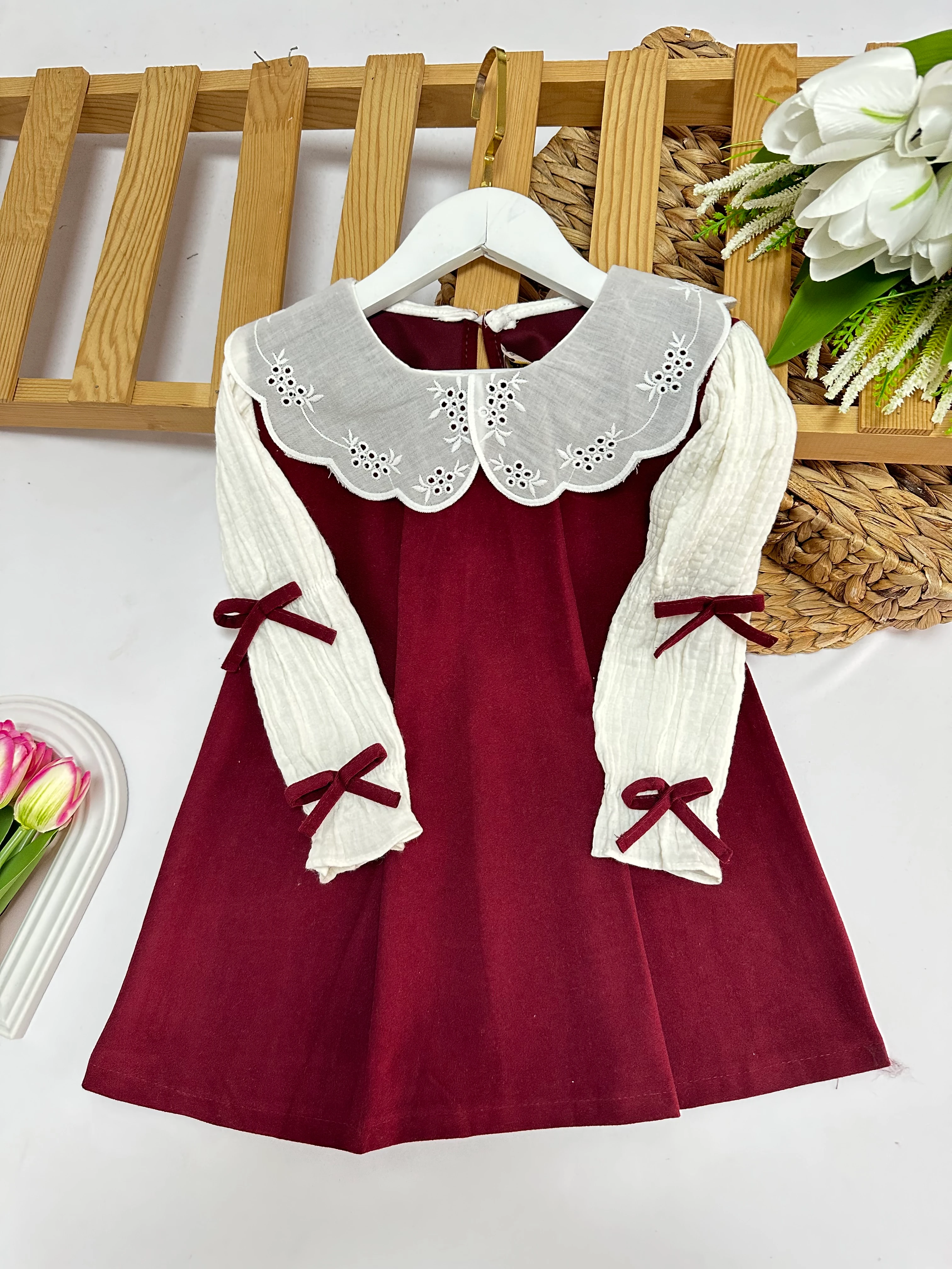 Kız Çocuk Bordo Bebe Yaka Kolları Fiyonk Süet Elbise