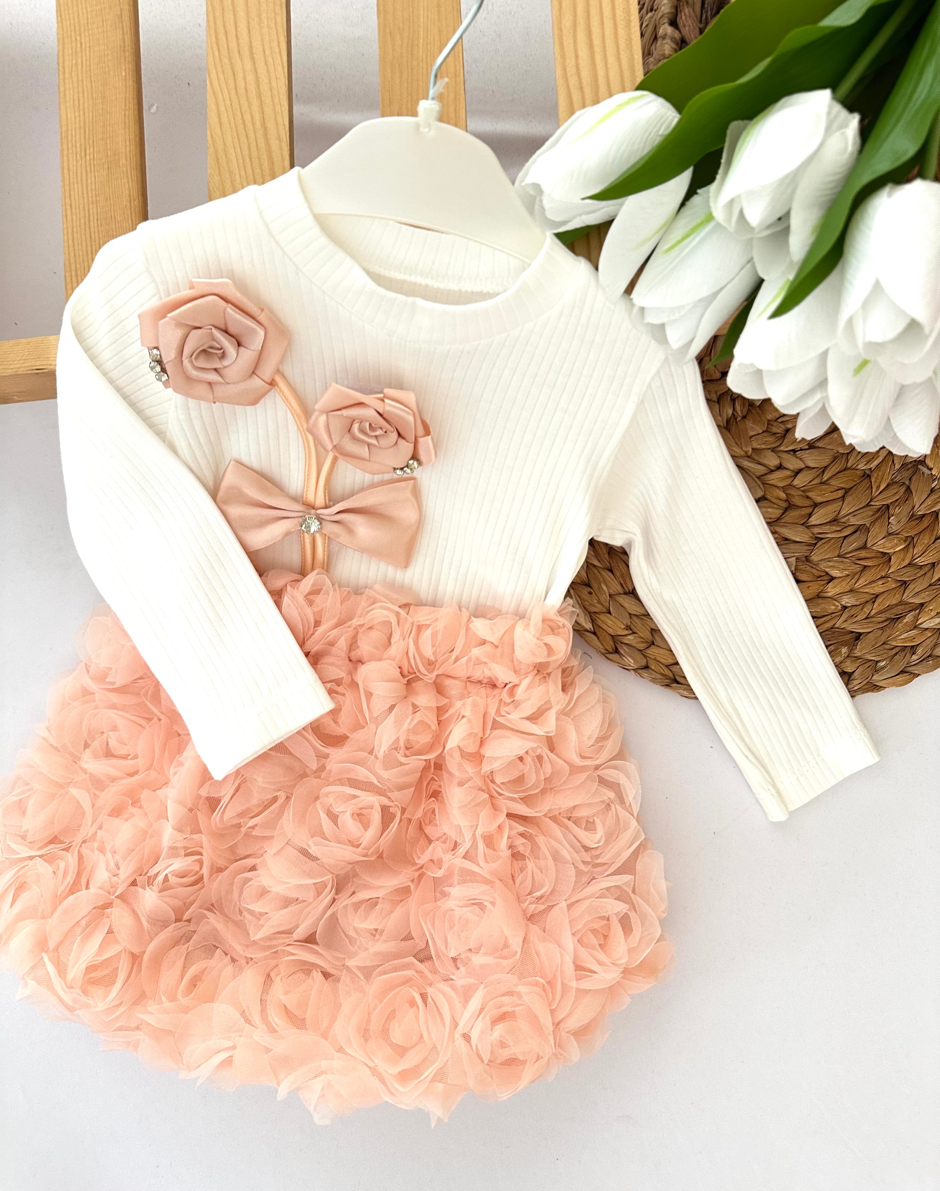 Kız Çocuk Somon Çiçek İşlemeli Kabarık Etekli Takım