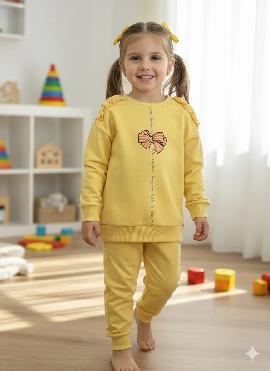 Kız Çocuk Sarı  Kurdele Detaylı Takım