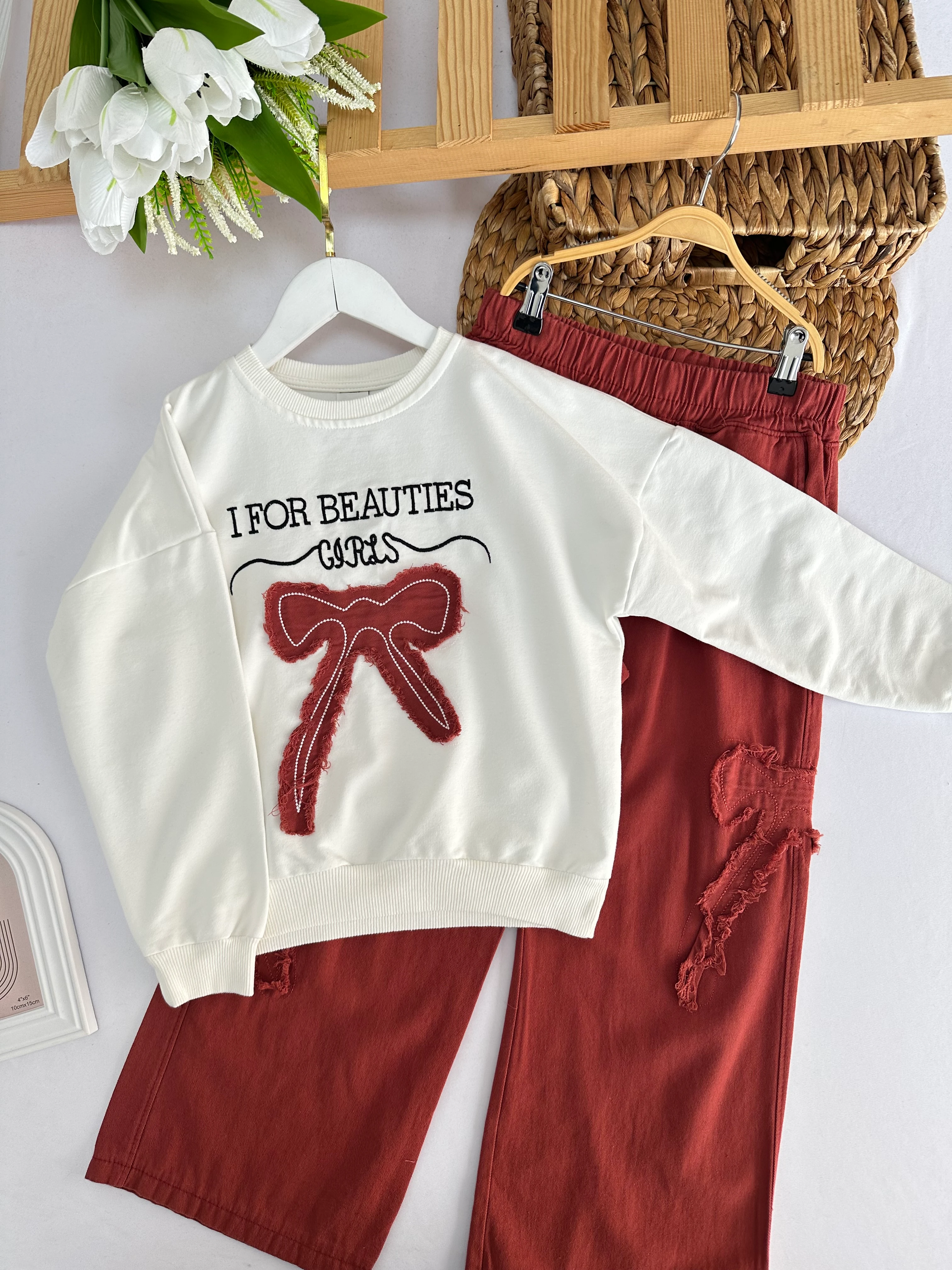 Kız Çocuk Kiremit Kurdele Pantolonlu Takım