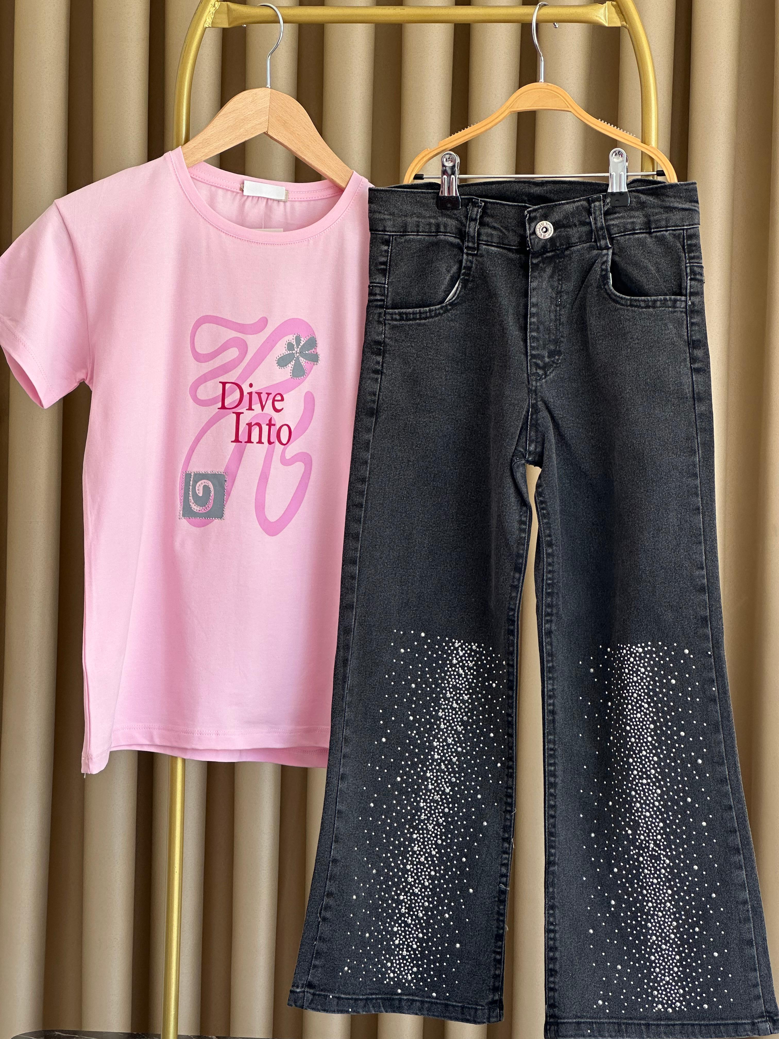 Kız Çocuk Pembe Tişört Taşlı Kot Pantolon Takım