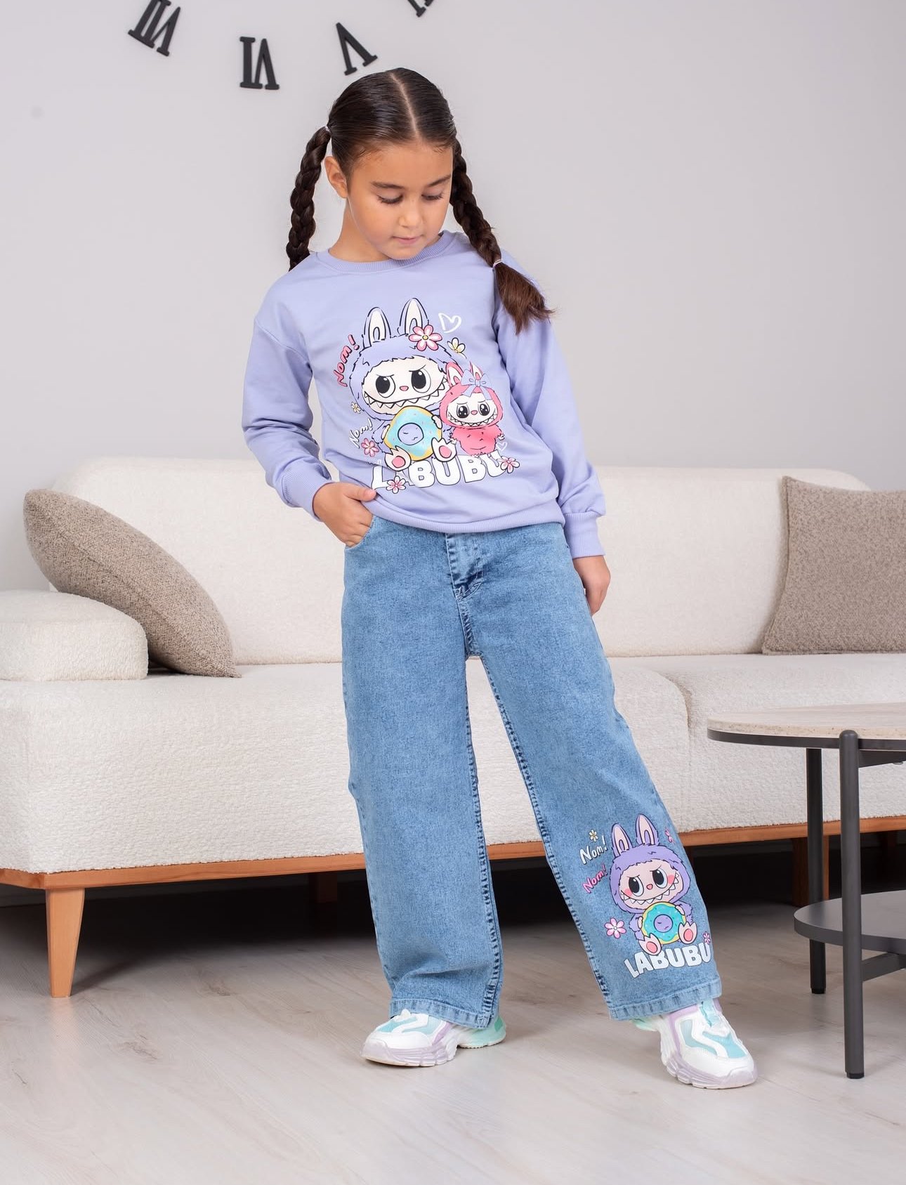 Kız Çocuk Lila Labubu Kot Pantolon Sweat 2’li Takım