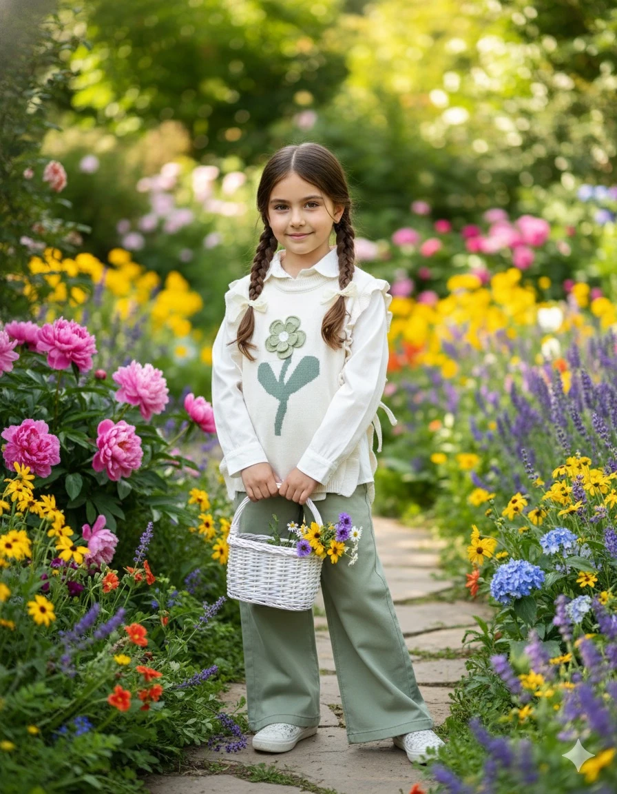 Kız Çocuk Yeşil Çiçek Desenli Yelekli  3'lü Takım