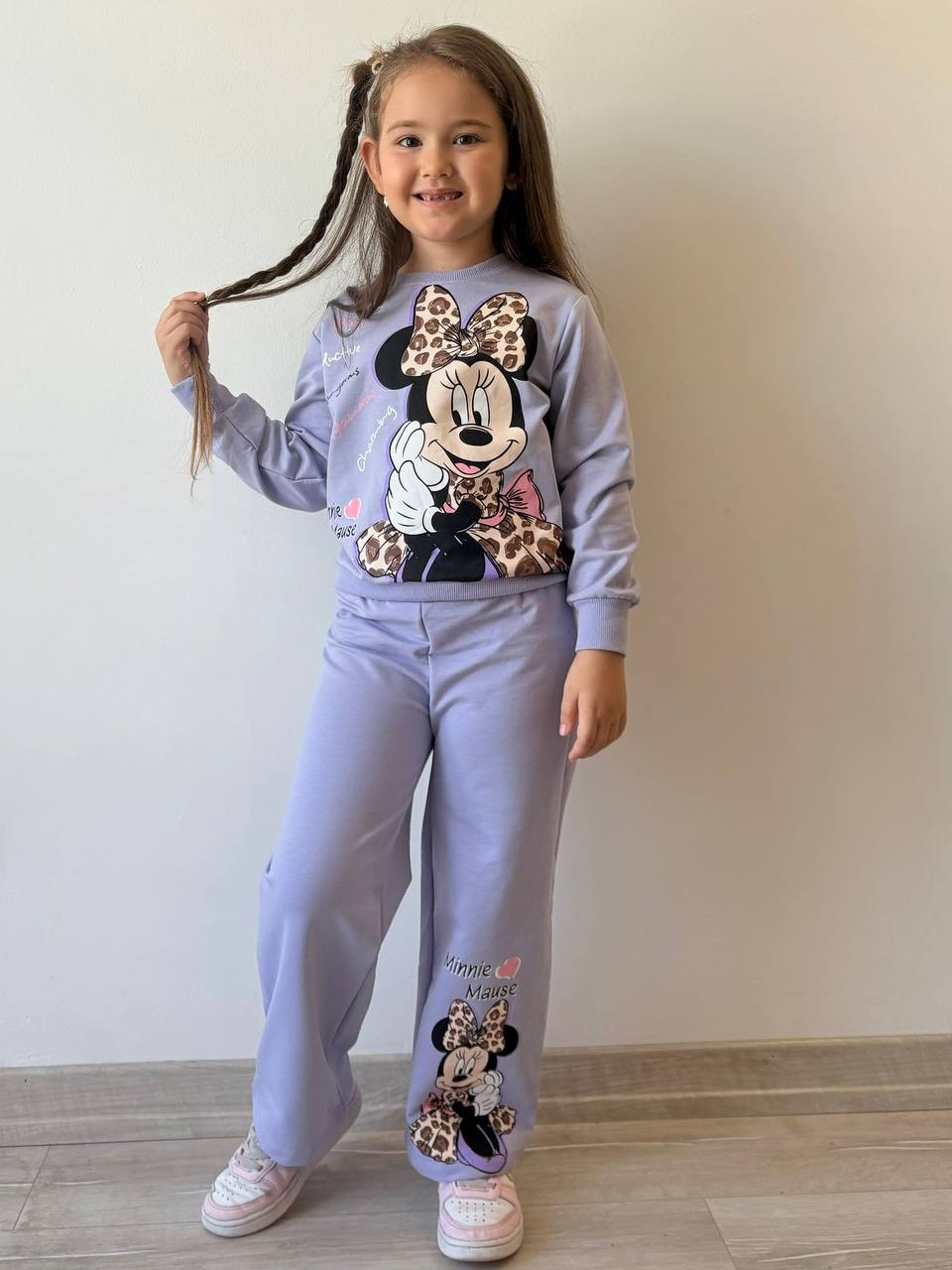 Kız Çocuk Lila Minnie Leoparlı Bol Paça 2'li Takım
