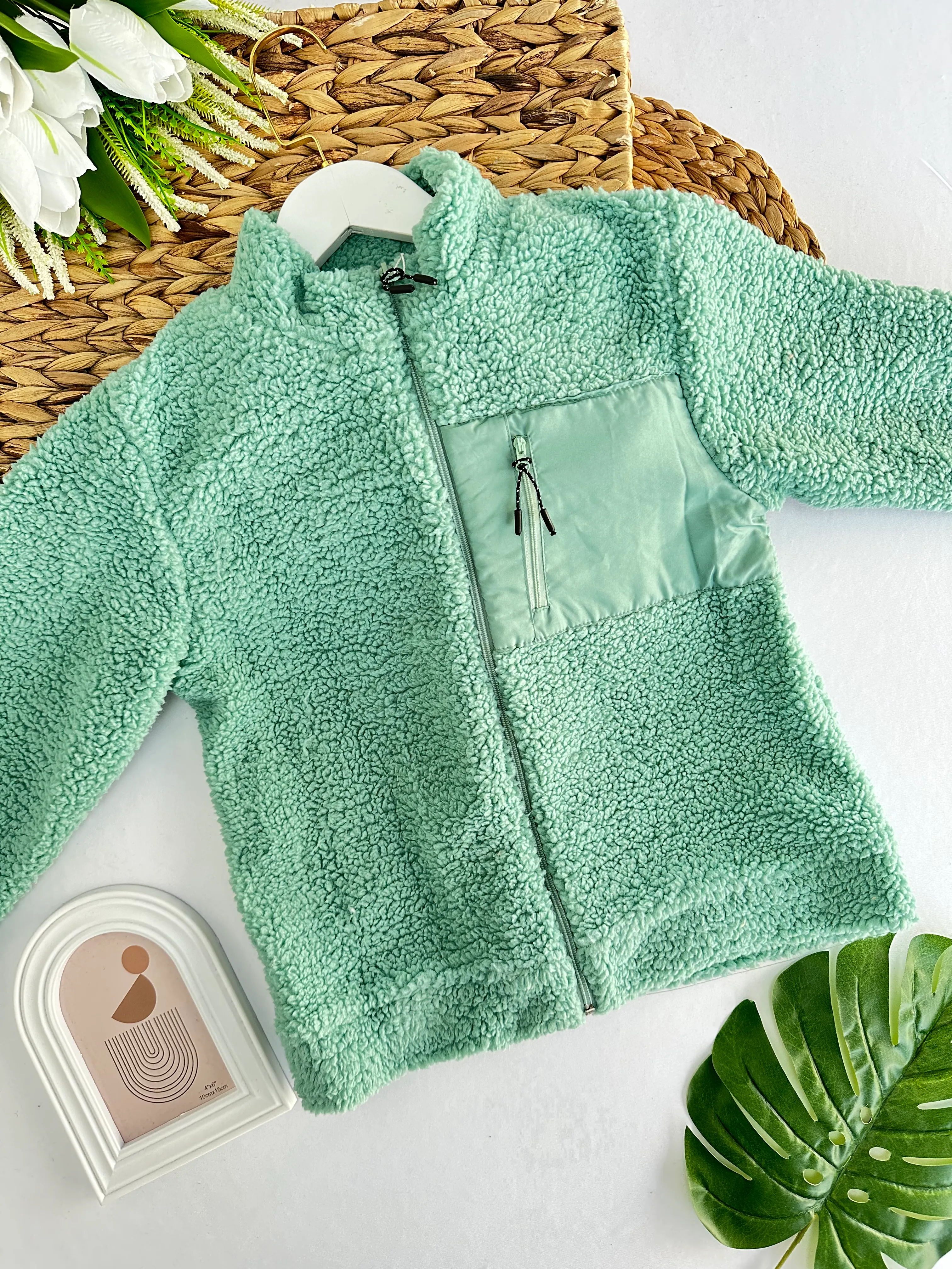 Kız Çocuk Yeşil Cepli Peluş Hırka