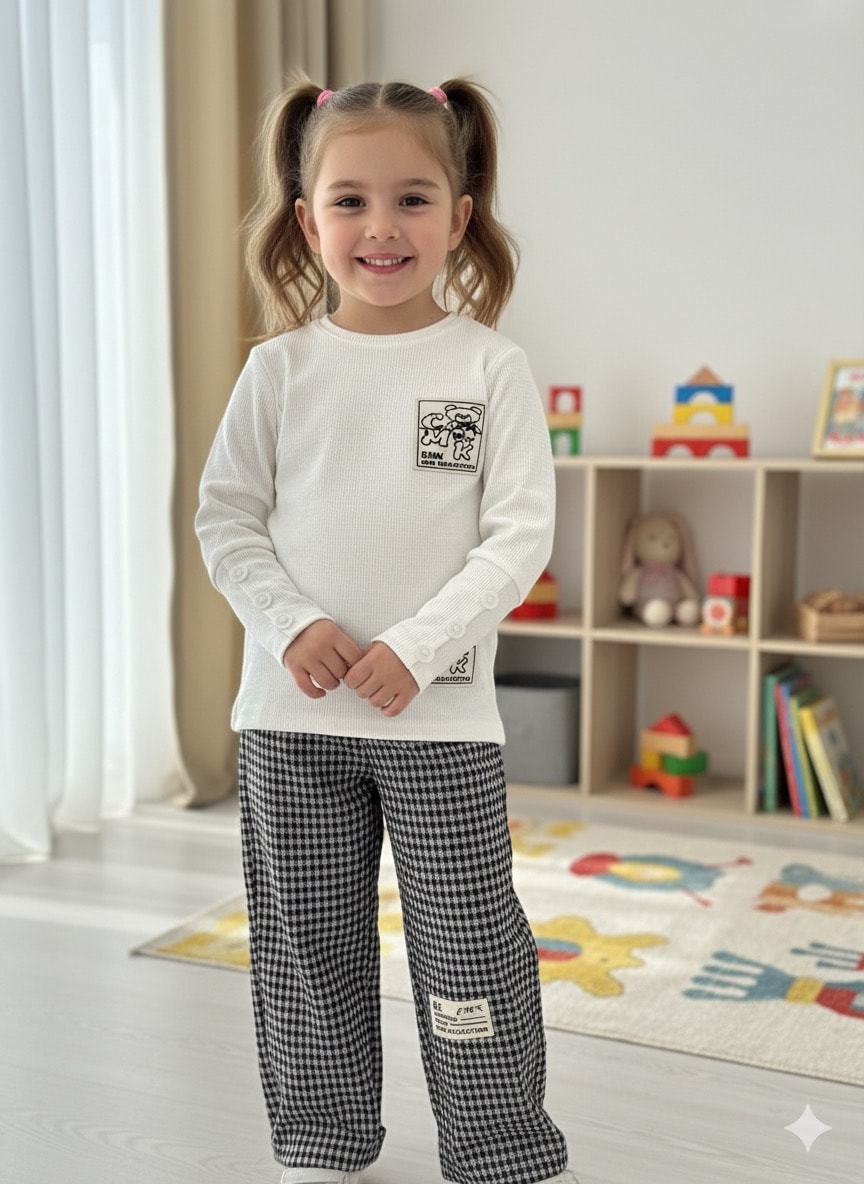 Kız Çocuk Beyaz Kolu Düğme Detaylı Takım