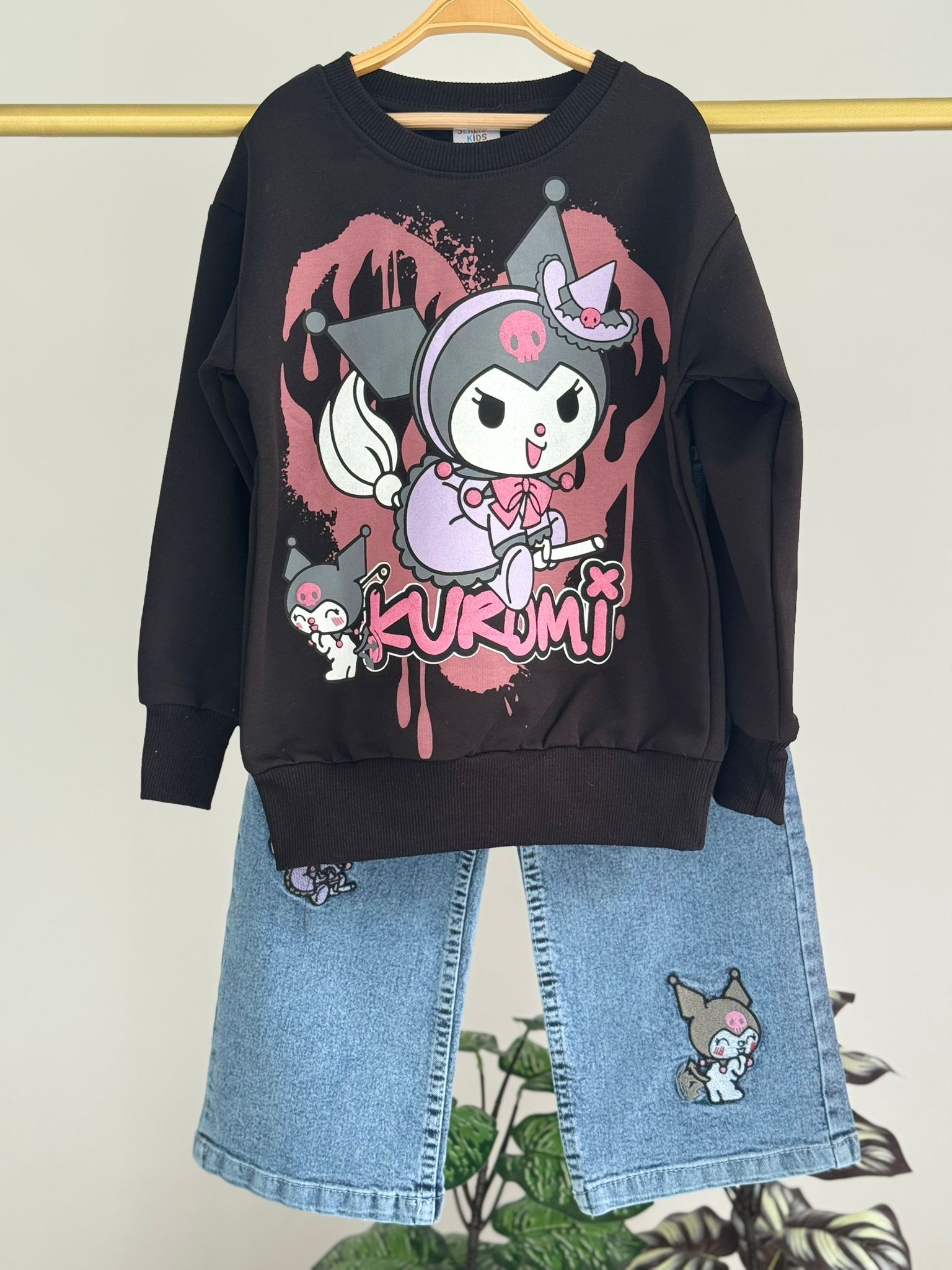Kız Çocuk Siyah Kuromi Kot Pantolon Sweat 2'li Takım