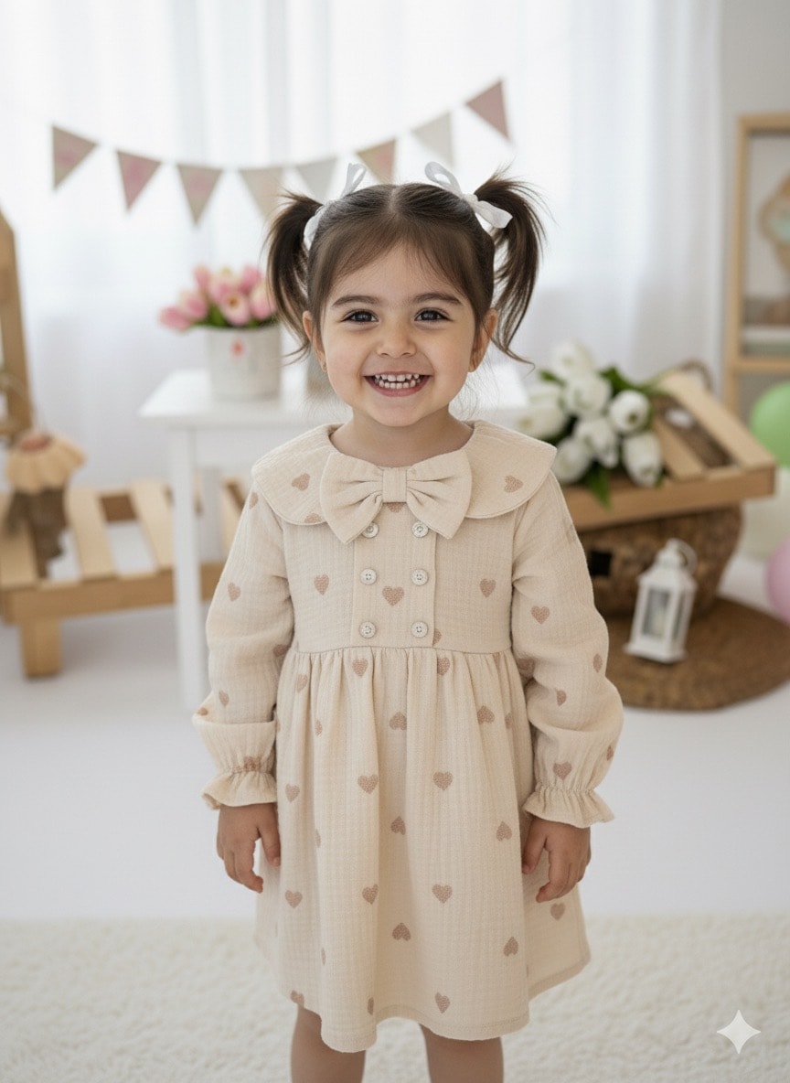 Kız Çocuk Vizon Kalpli Müslin Elbise