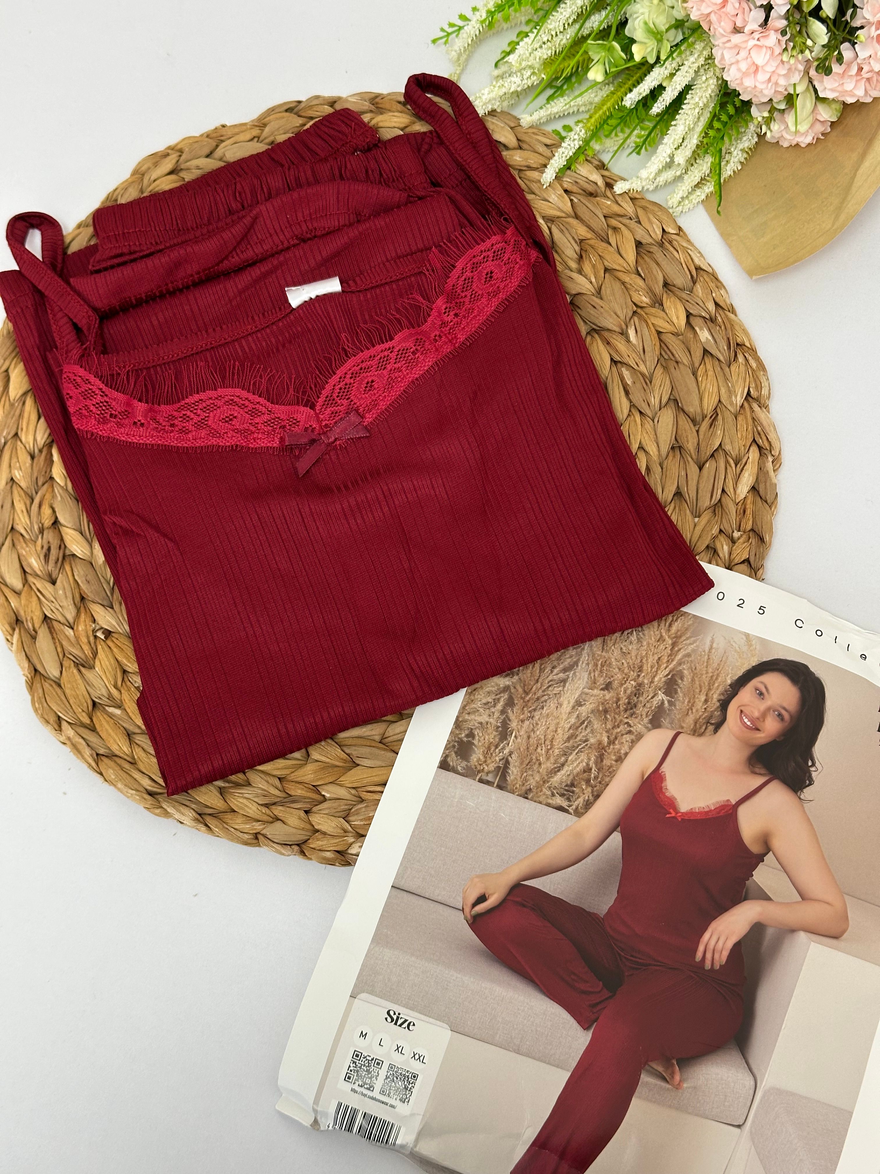 Bordo Askılı Dantelli Kadın Pijama Takımı