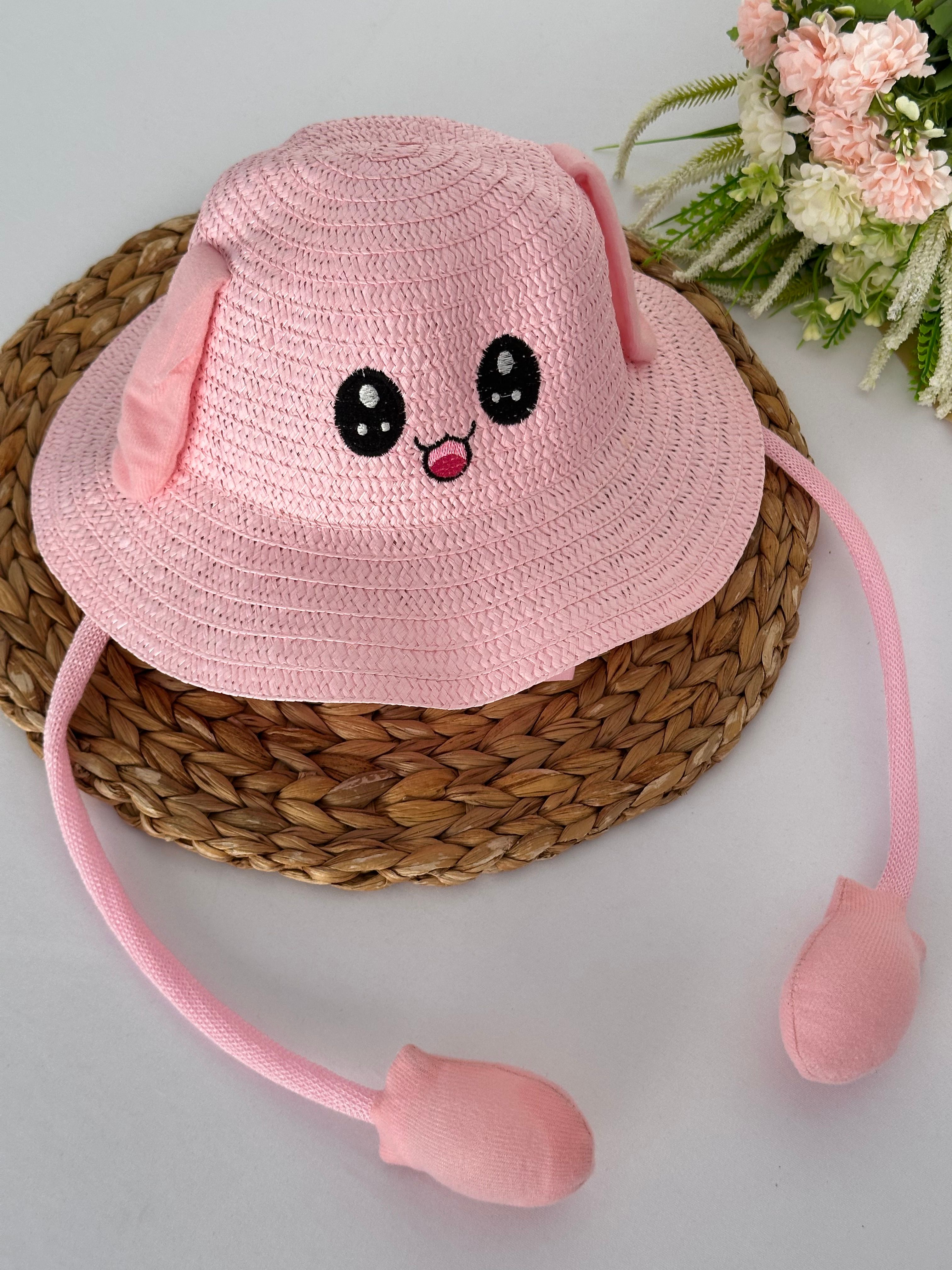 Pembe Ponpon Kulaklı Hasır Şapka