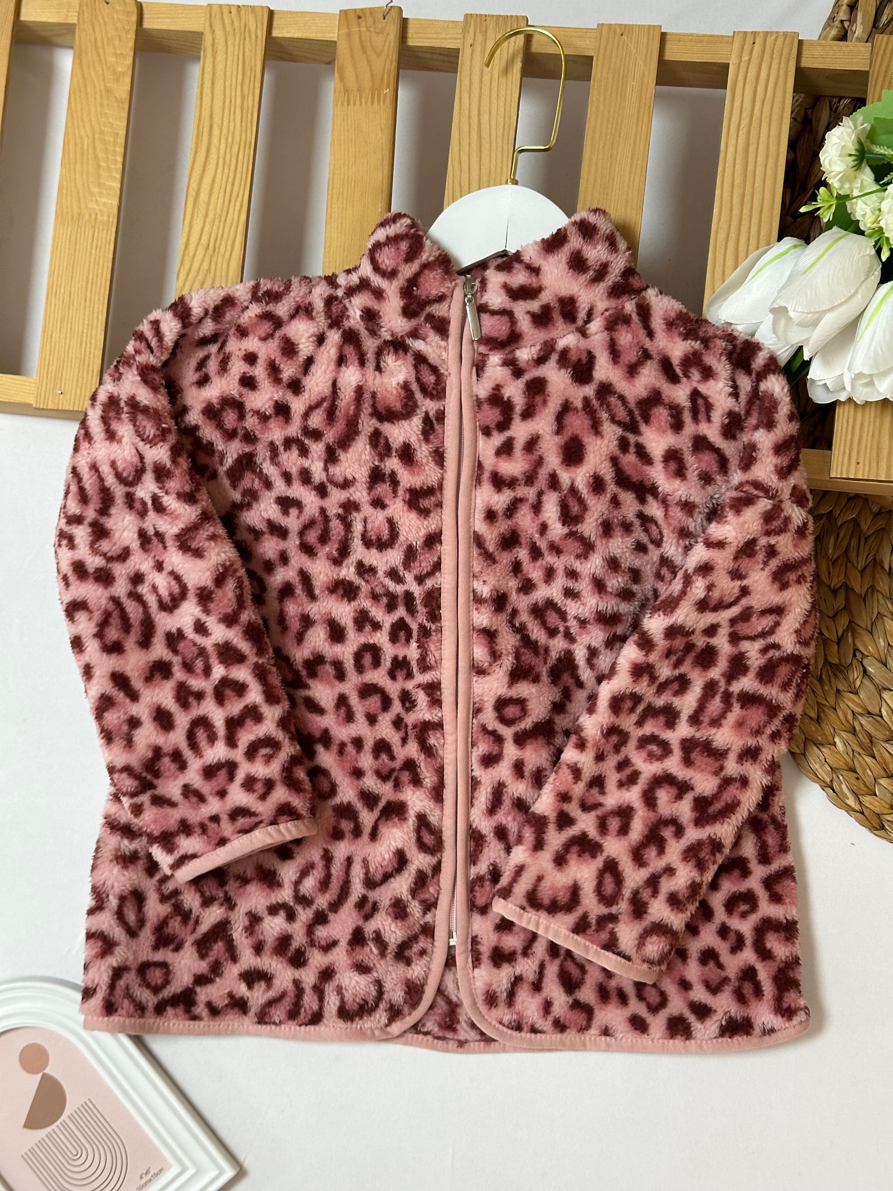 Kız Çocuk Pembe Leopar Peluş Hırka