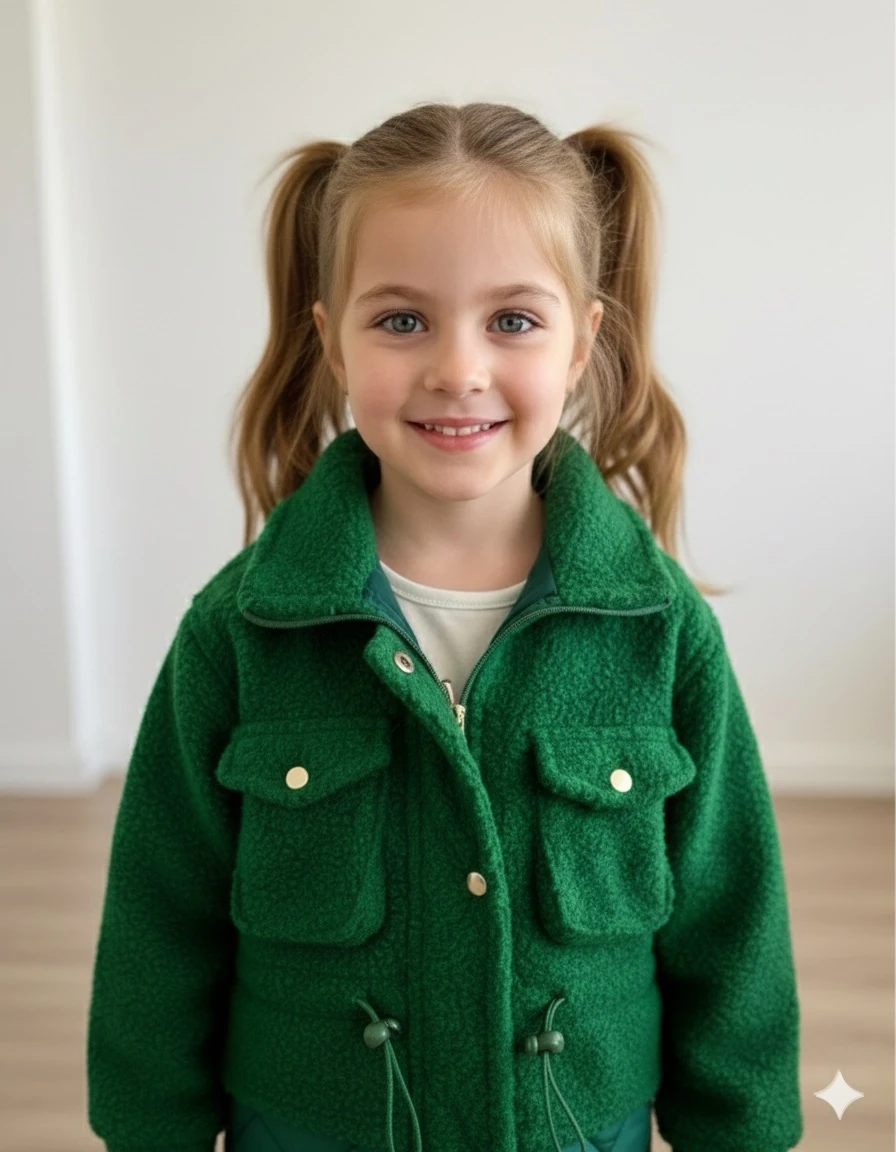 Kız Çocuk Yeşil Cep Detaylı Mont