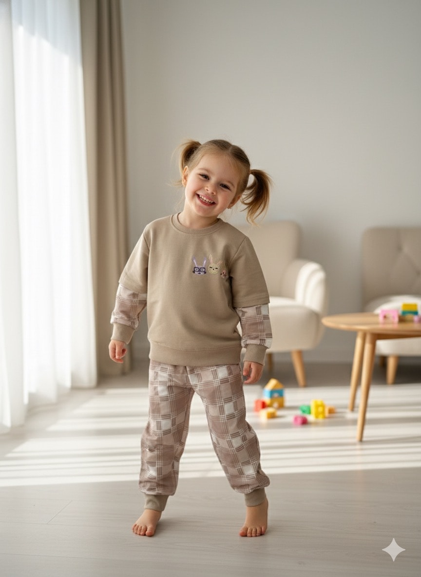 Kız Çocuk Vizon Taşvan Desenli Takım