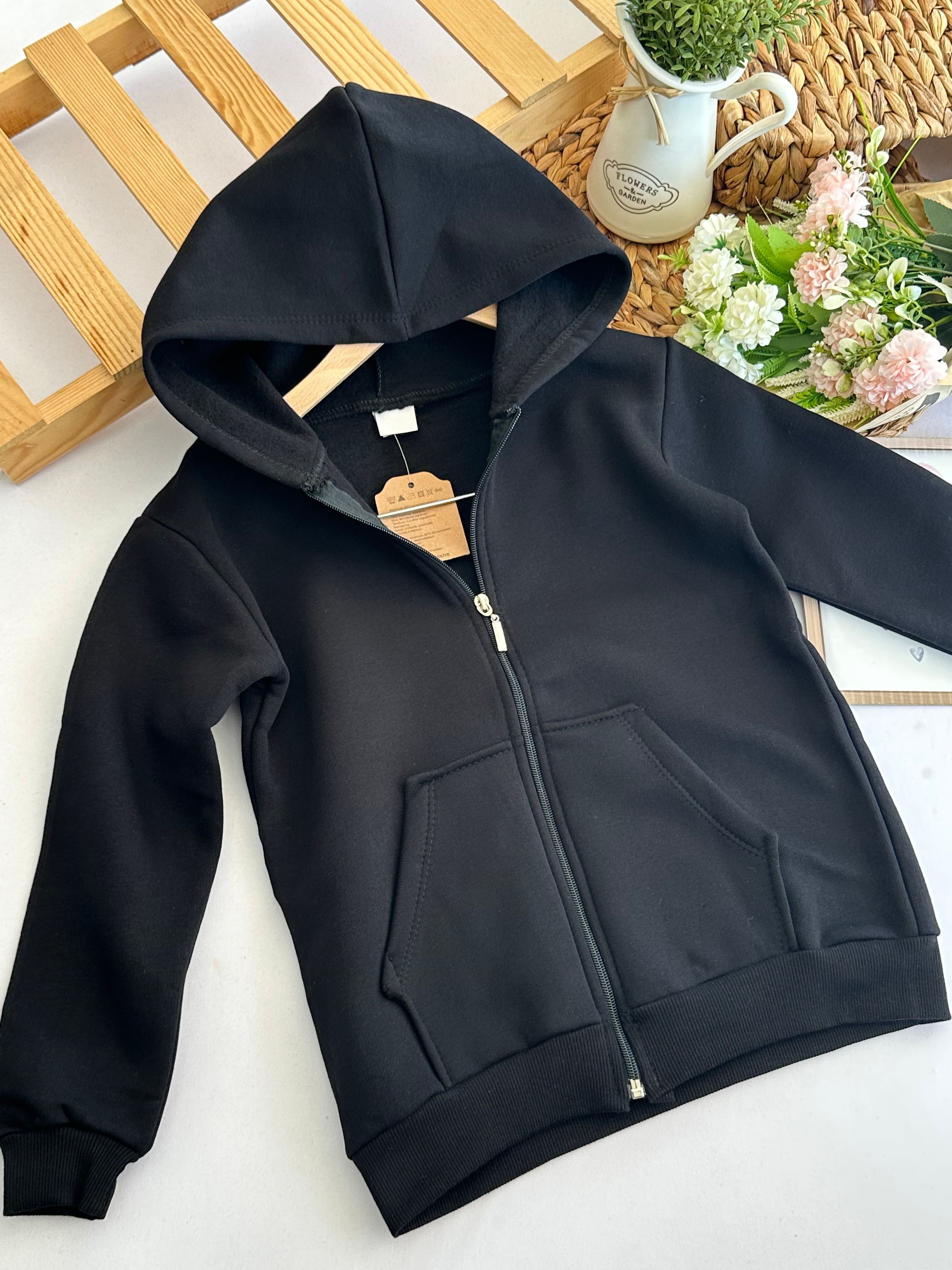 Unisex Siyah Fermuarlı Kapüşonlu 3 İplik Şardonlu Hırka