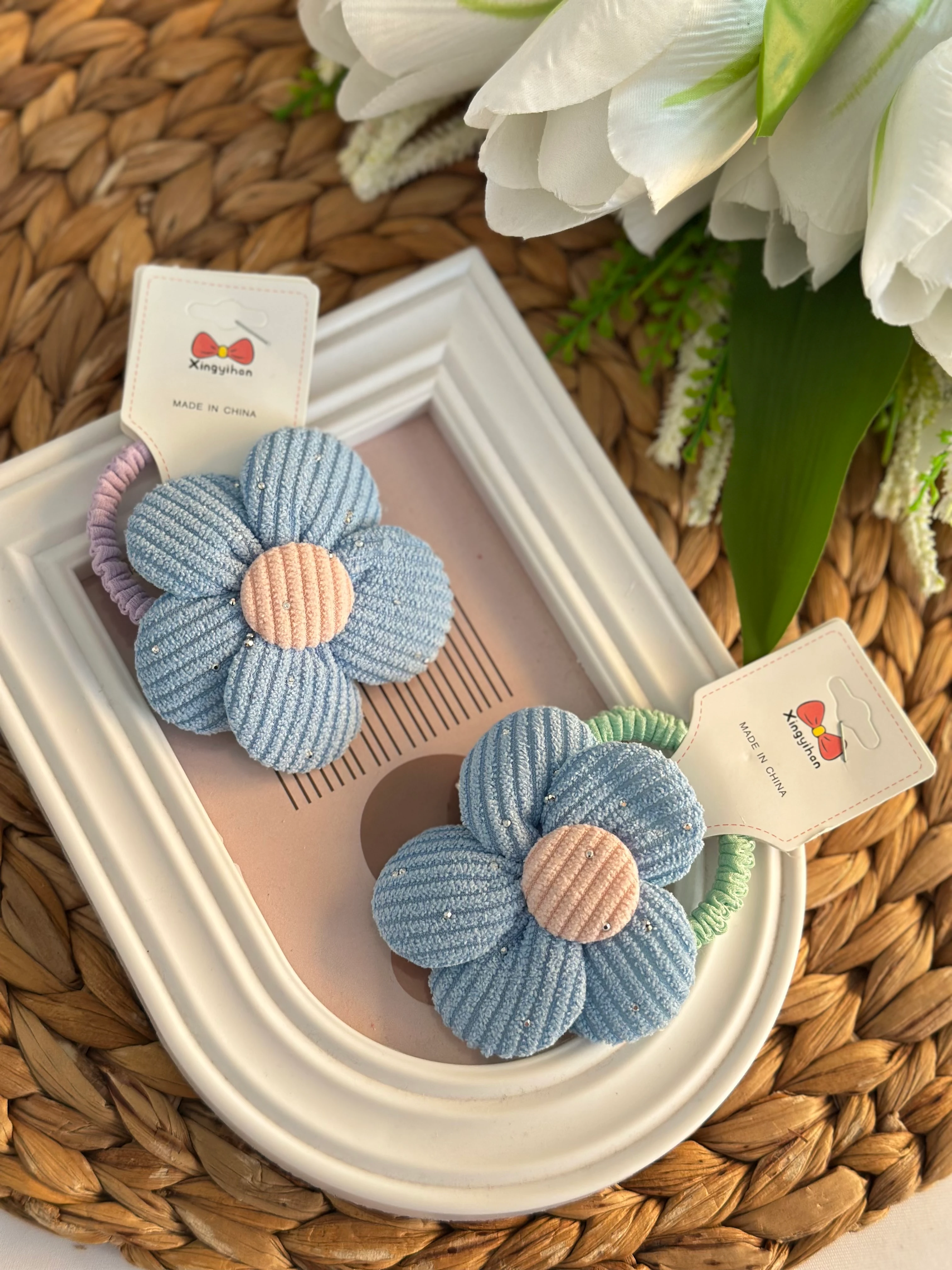 Mavi  Taşlı Papatya 2'li Lastik Toka