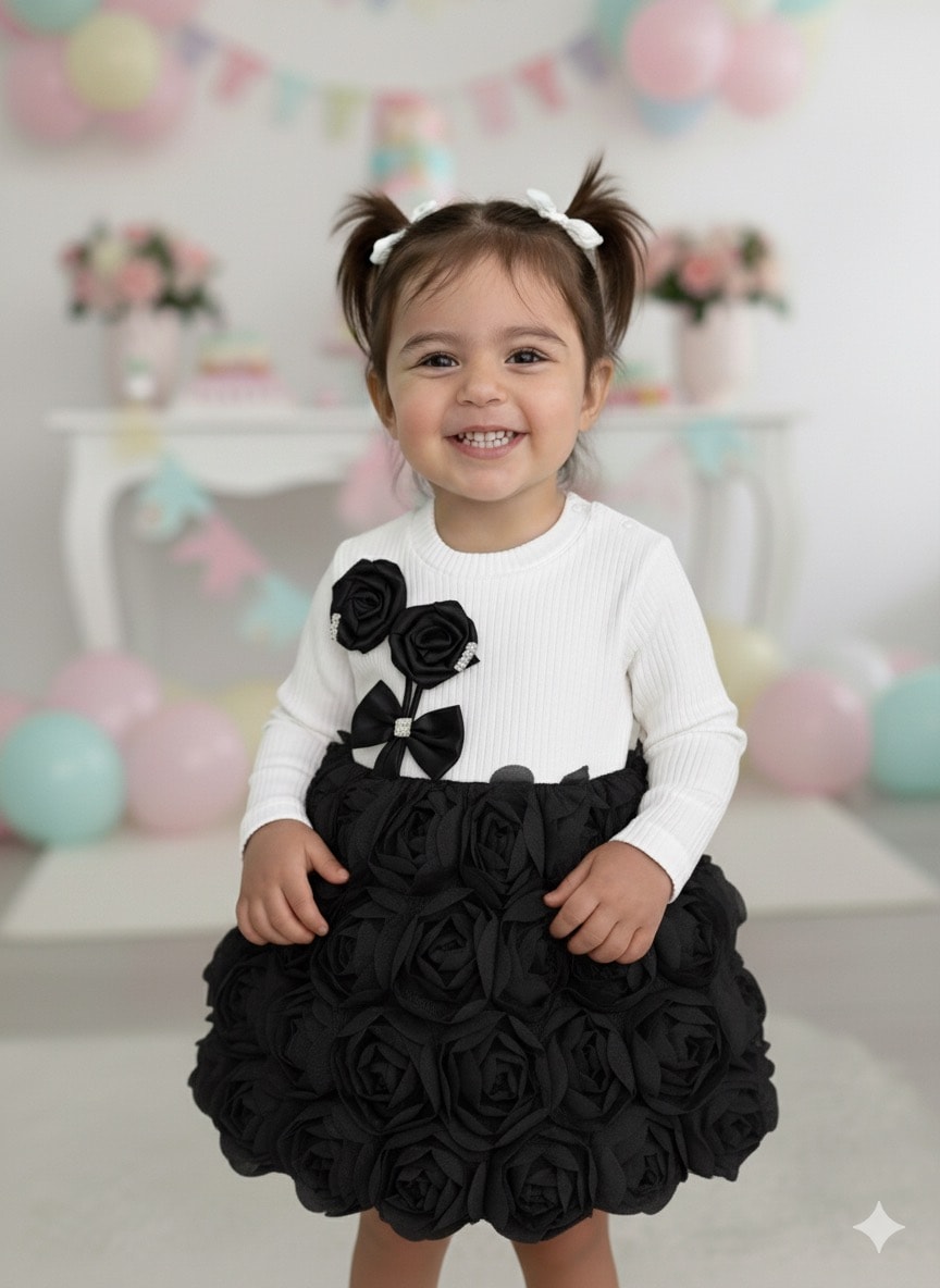 Kız Çocuk Siyah Çiçek İşlemeli Kabarık Etekli Takım