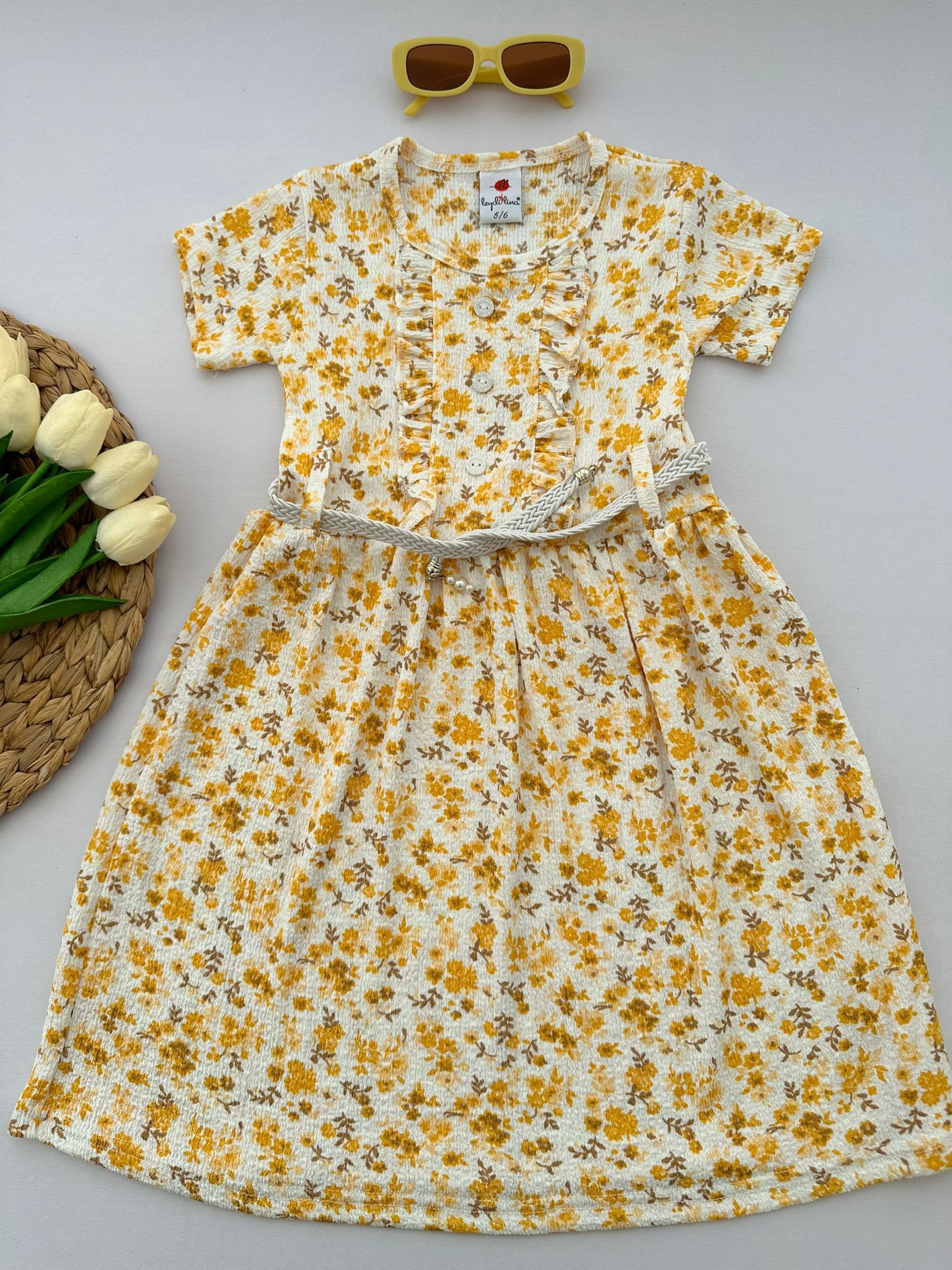Kız Çocuk Sarı Çiçekli Leydi Bürümcük Elbise