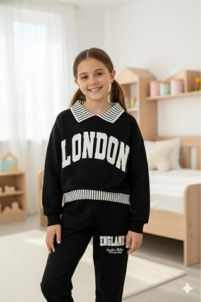 Kız Çocuk Siyah London Yazılı Takım