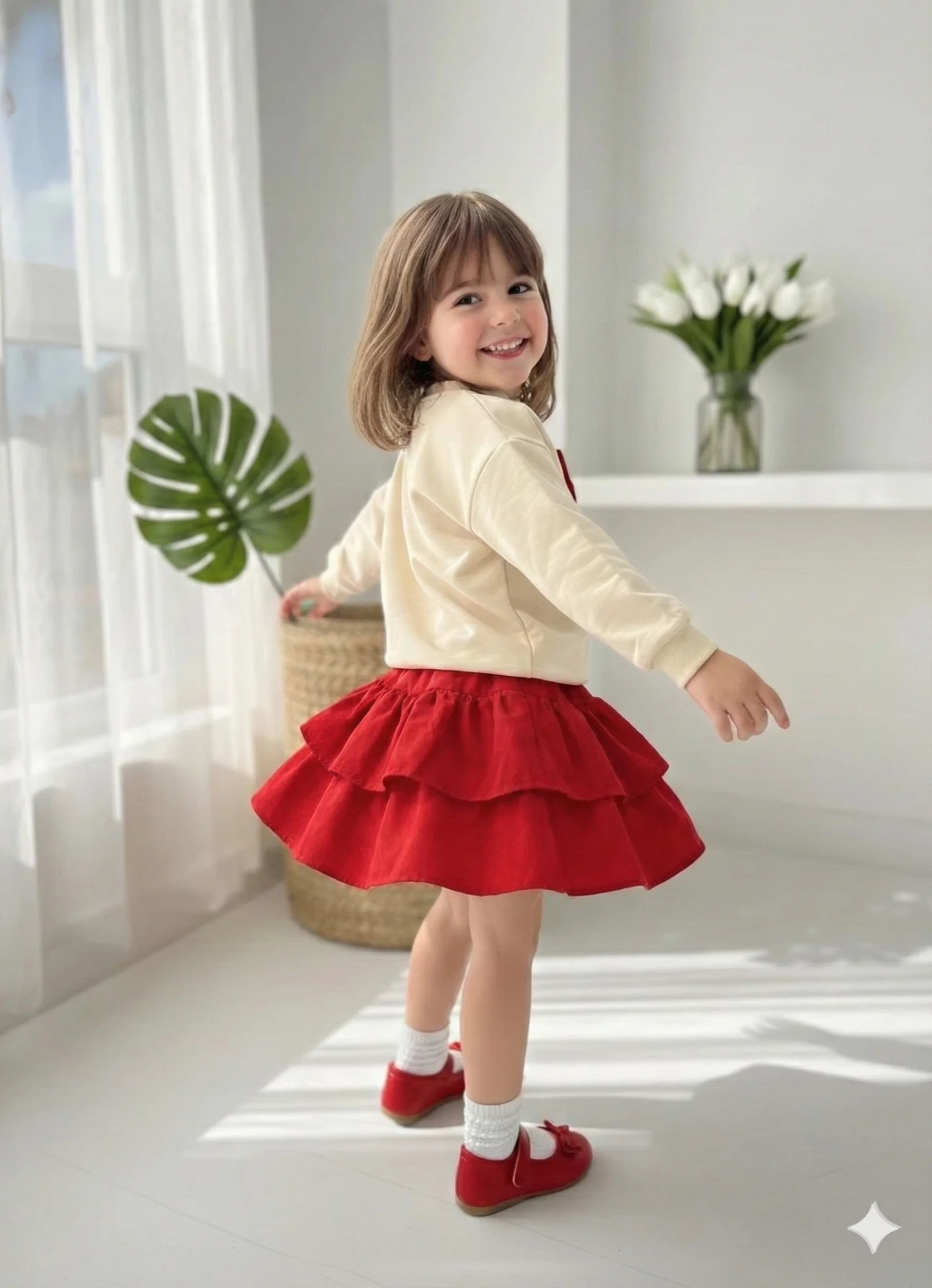 Kız Çocuk Kırmızı Fiyonklu Etekli Takım