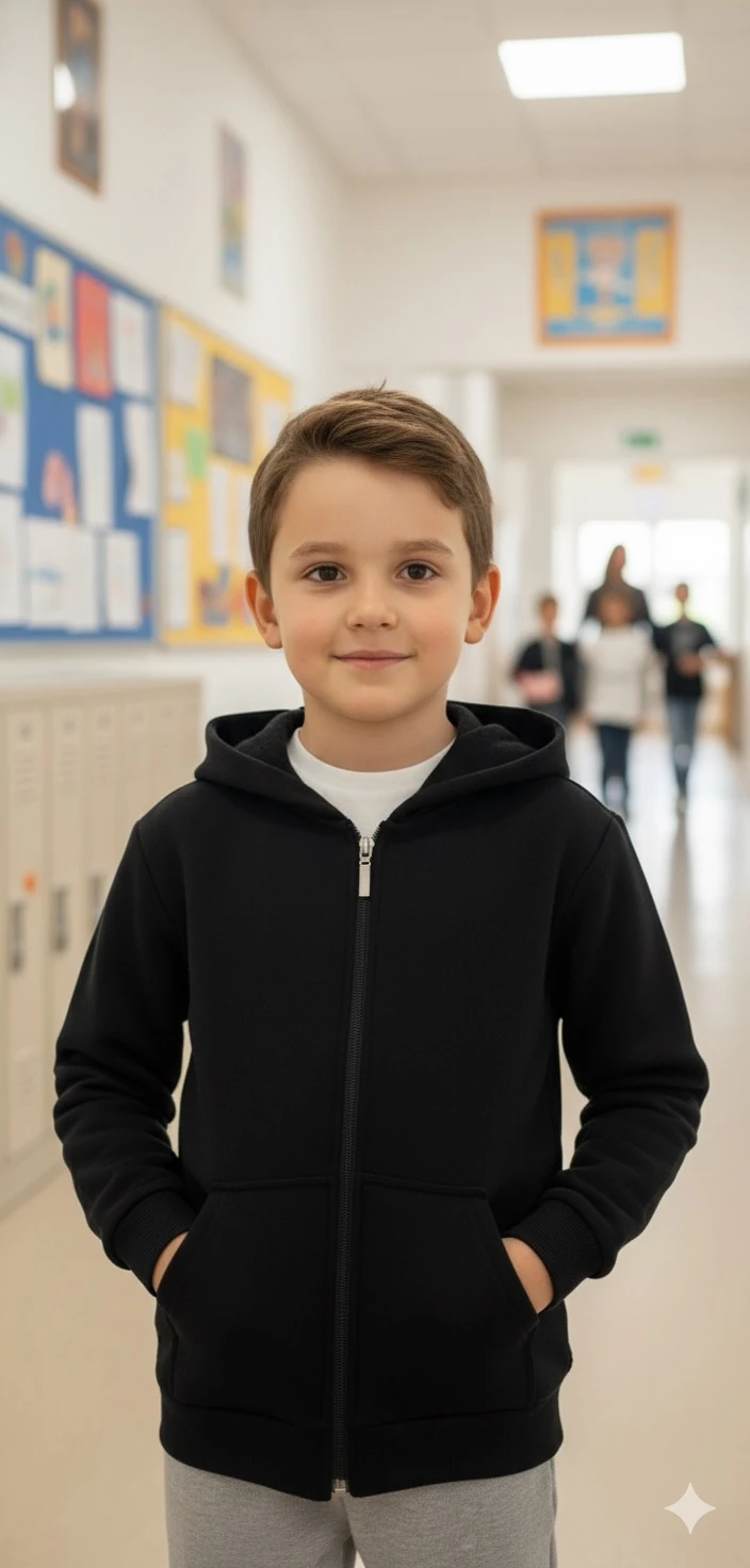 Unisex Siyah Fermuarlı Kapüşonlu 3 İplik Şardonlu Hırka