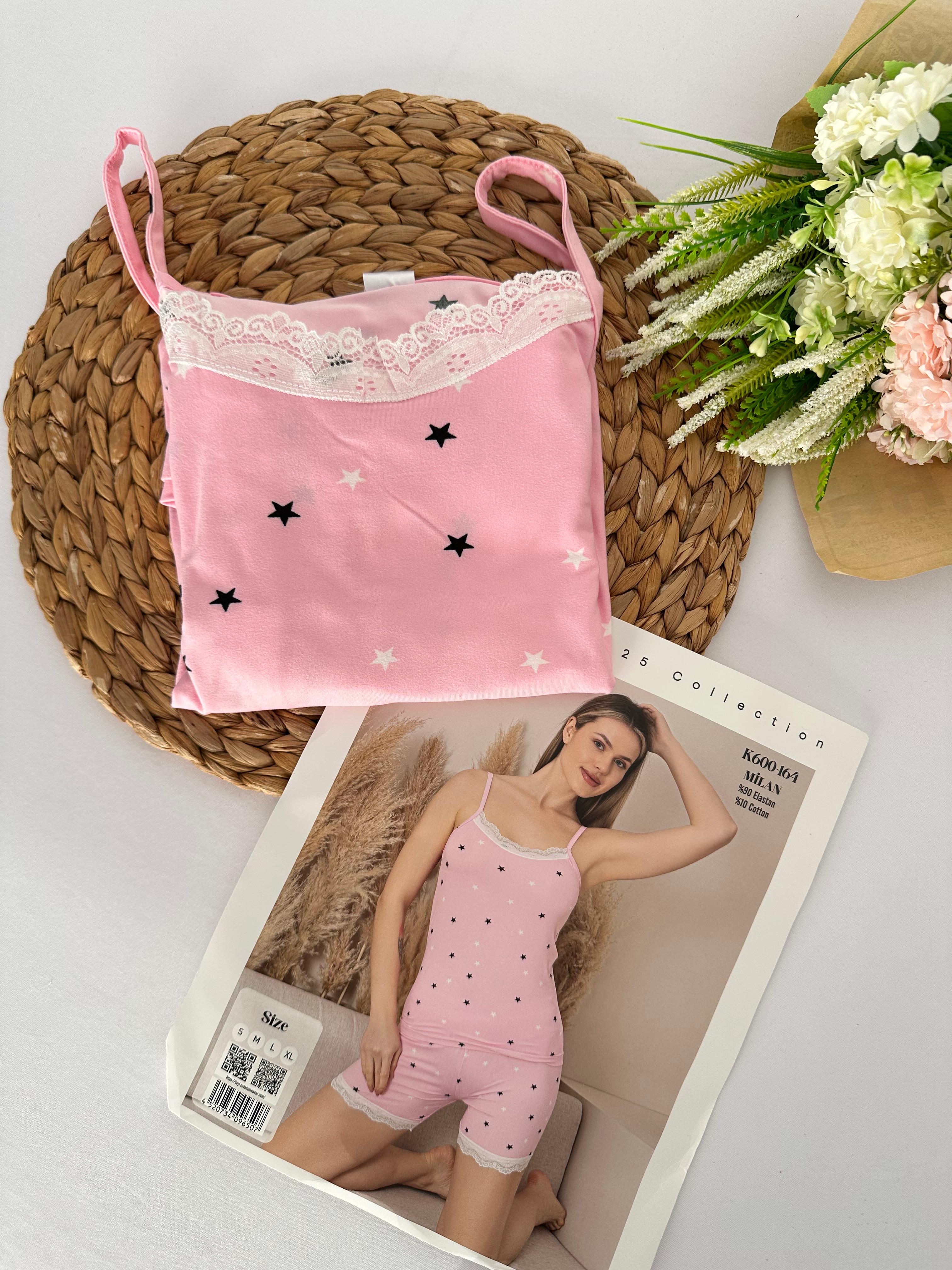 Pembe Yıldız Desenli Kadın Pijama Takımı