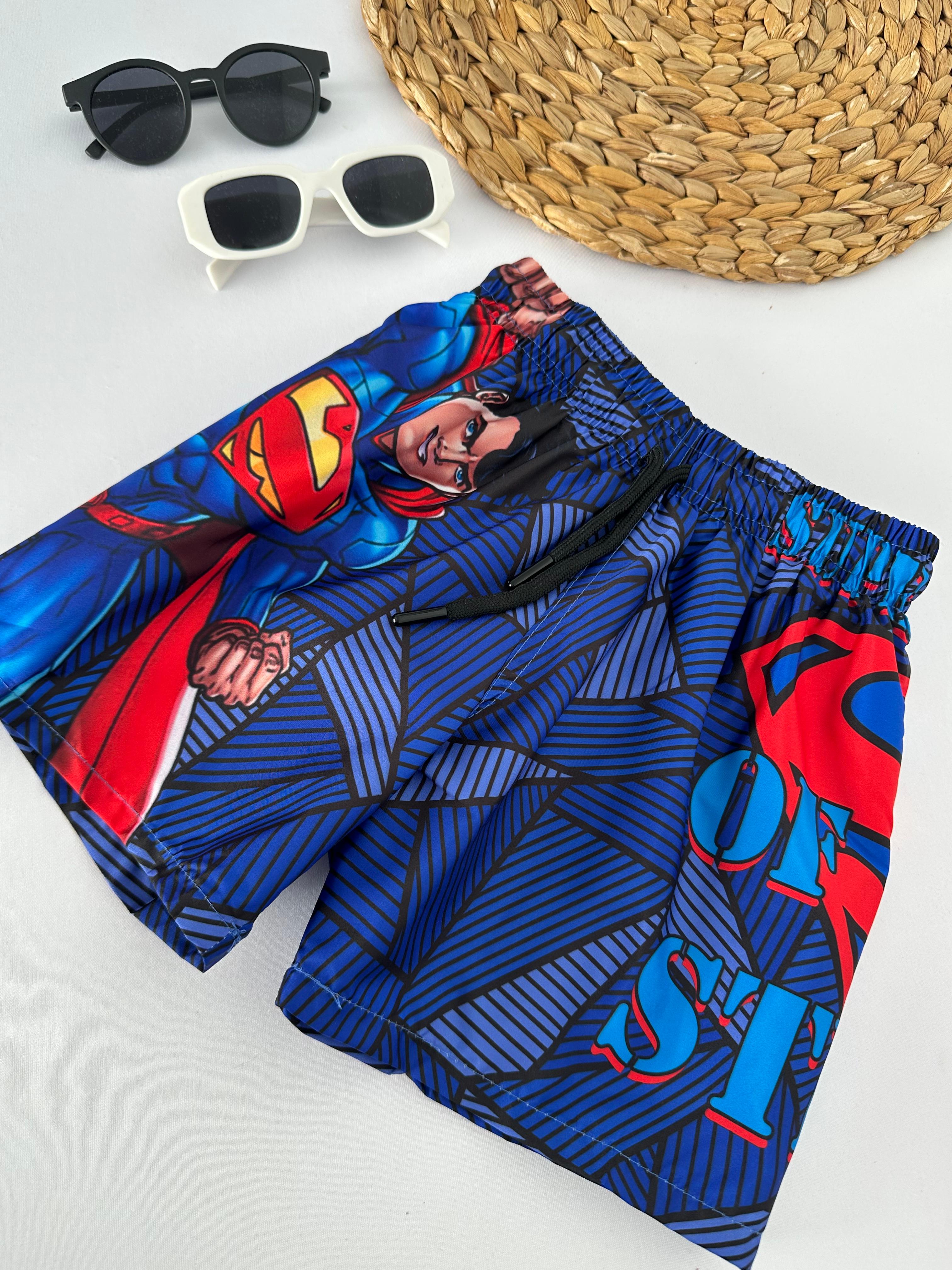 Erkek Çocuk Mavi Çizgili Superman Deniz Şortu