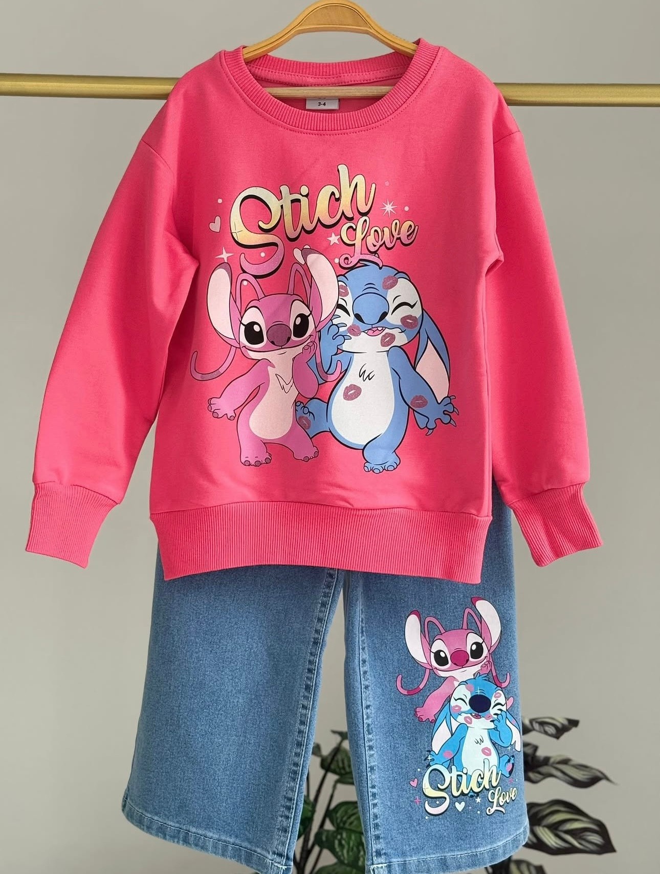 Kız Çocuk Fuşya Stitch Kot Pantolon Sweat 2’li Takım