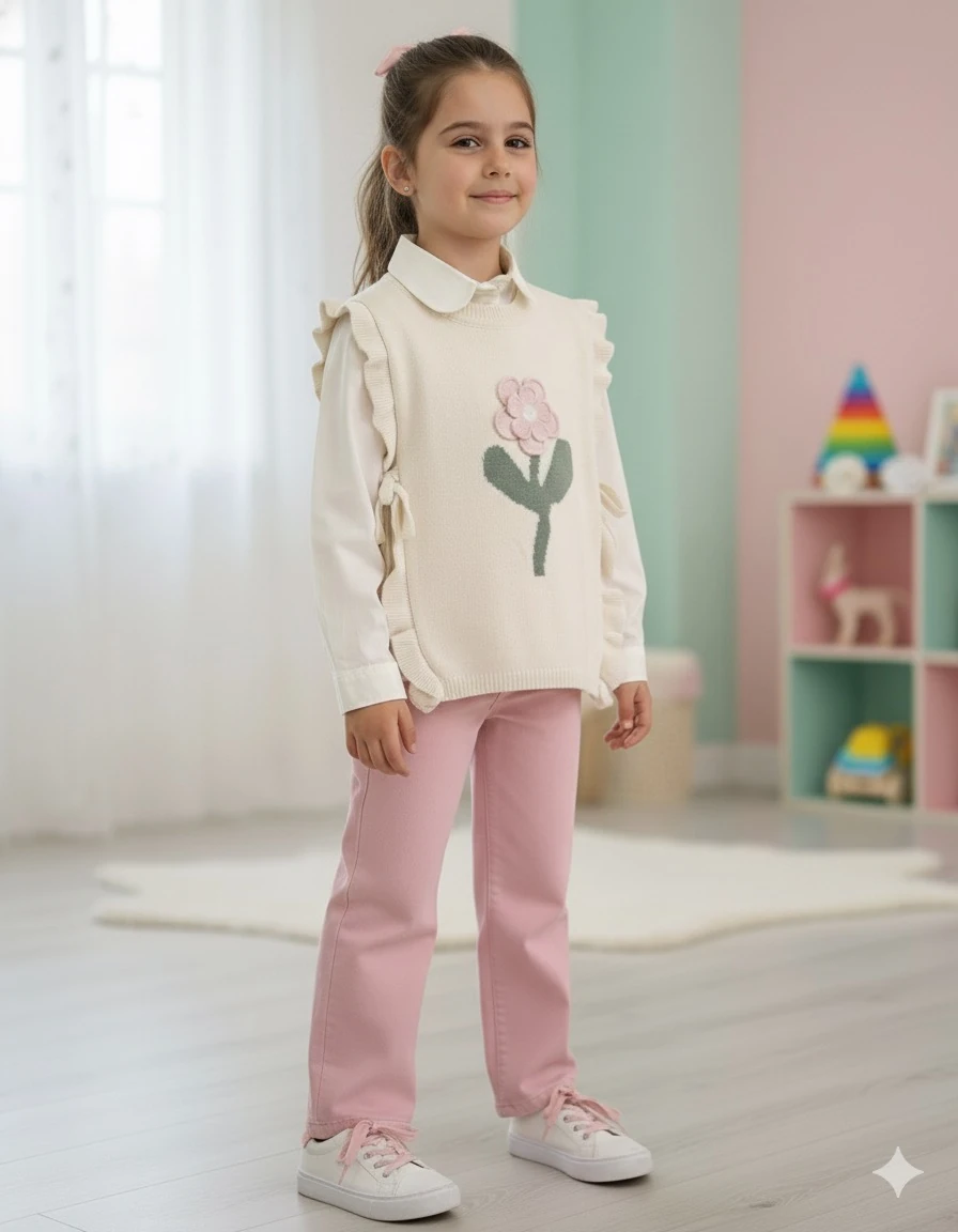 Kız Çocuk Pembe Çiçek Desenli Yelekli  3'lü Takım