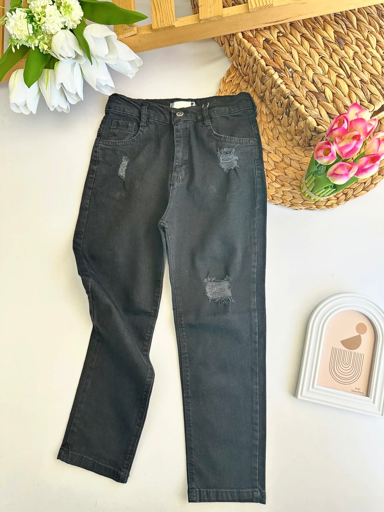 Kız Çocuk Siyah Eskitme Görünümlü Kot Pantolon