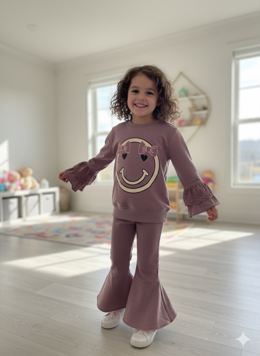 Kız Çocuk Mor Kolu Fırfırlı Gülen Yüz Takım