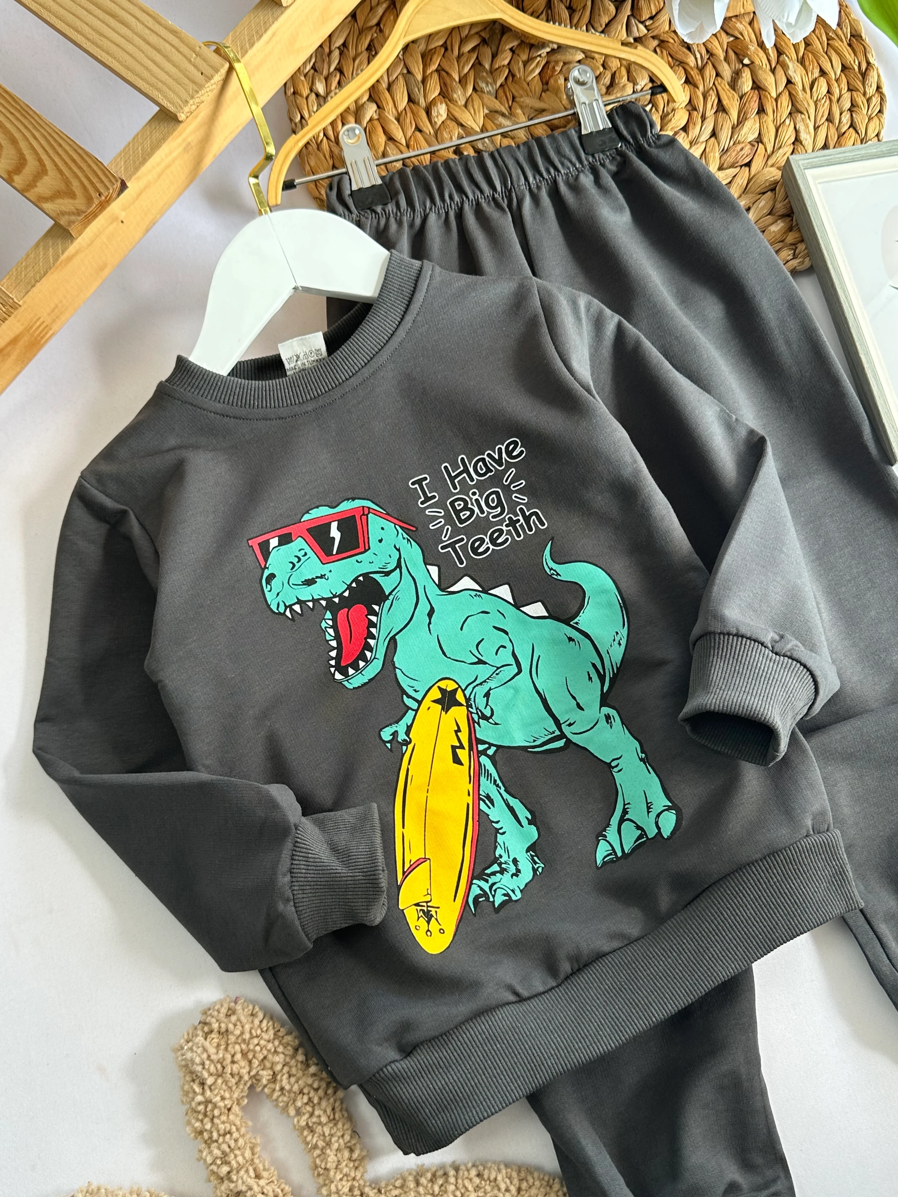 Erkek Çocuk Antrasit Dinozor Baskılı Takım 