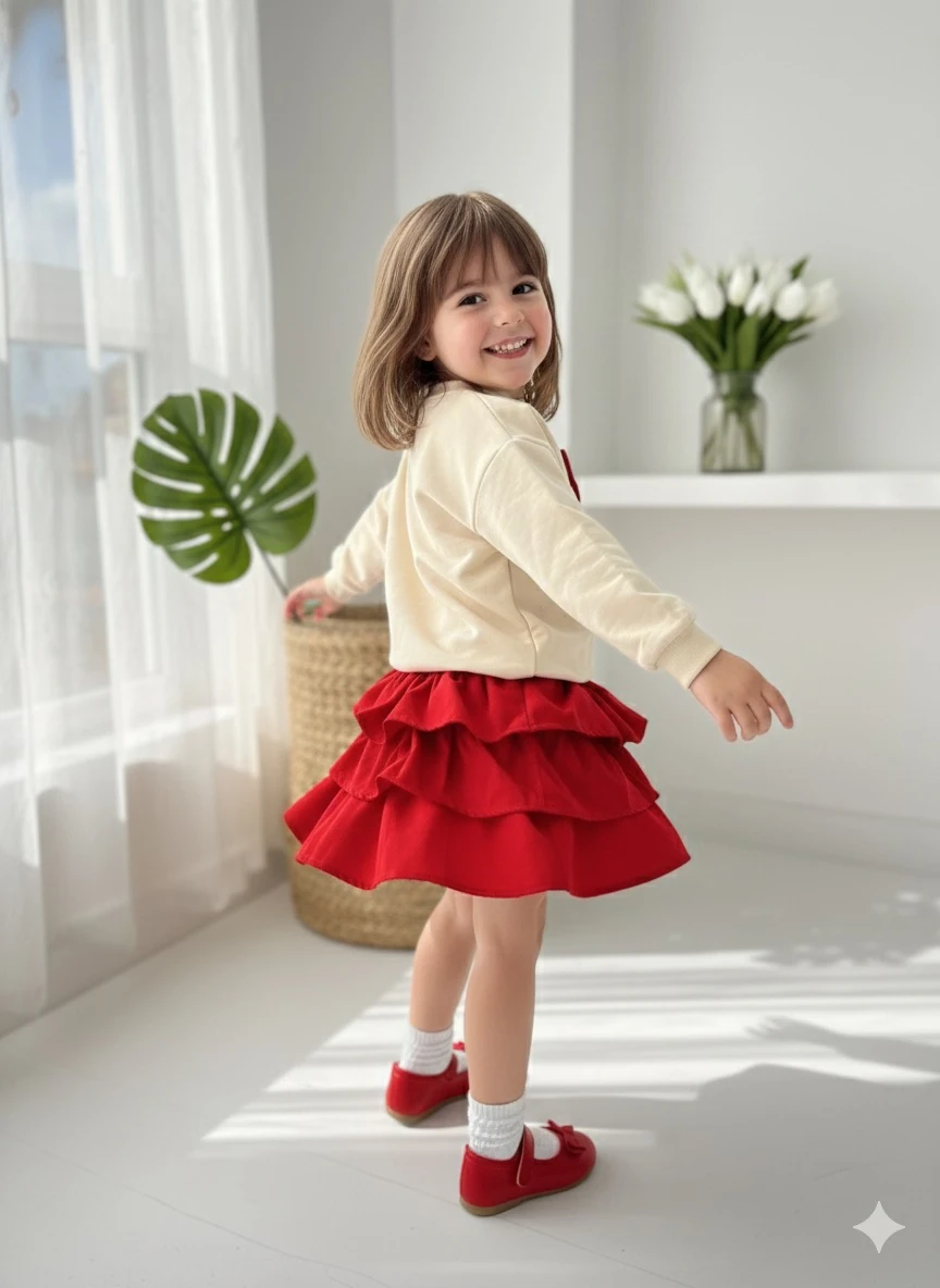 Kız Çocuk Kırmızı Fiyonklu Etekli Takım