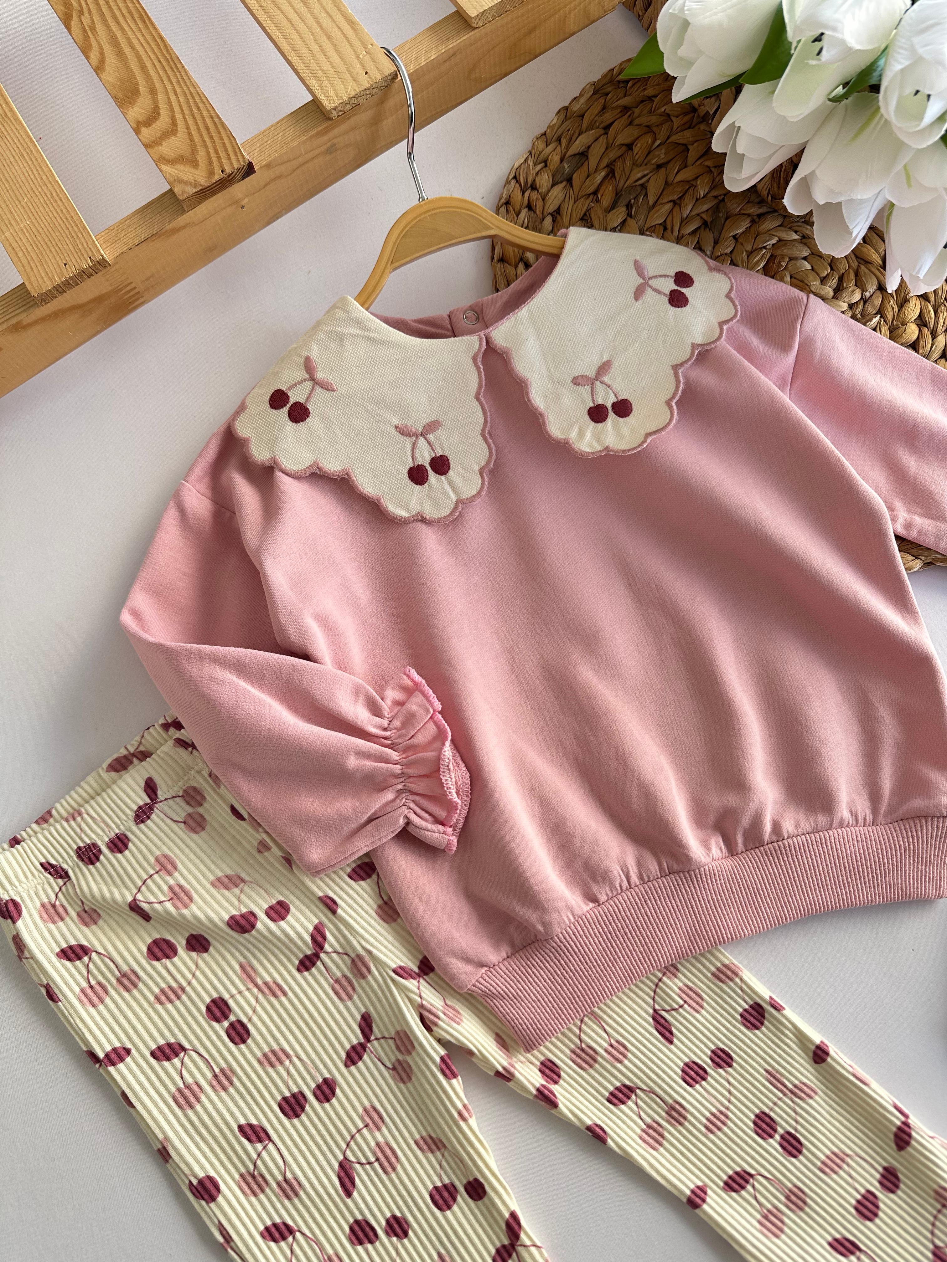Kız Çocuk Pembe Kiraz Desenli Bebe Yaka Takım