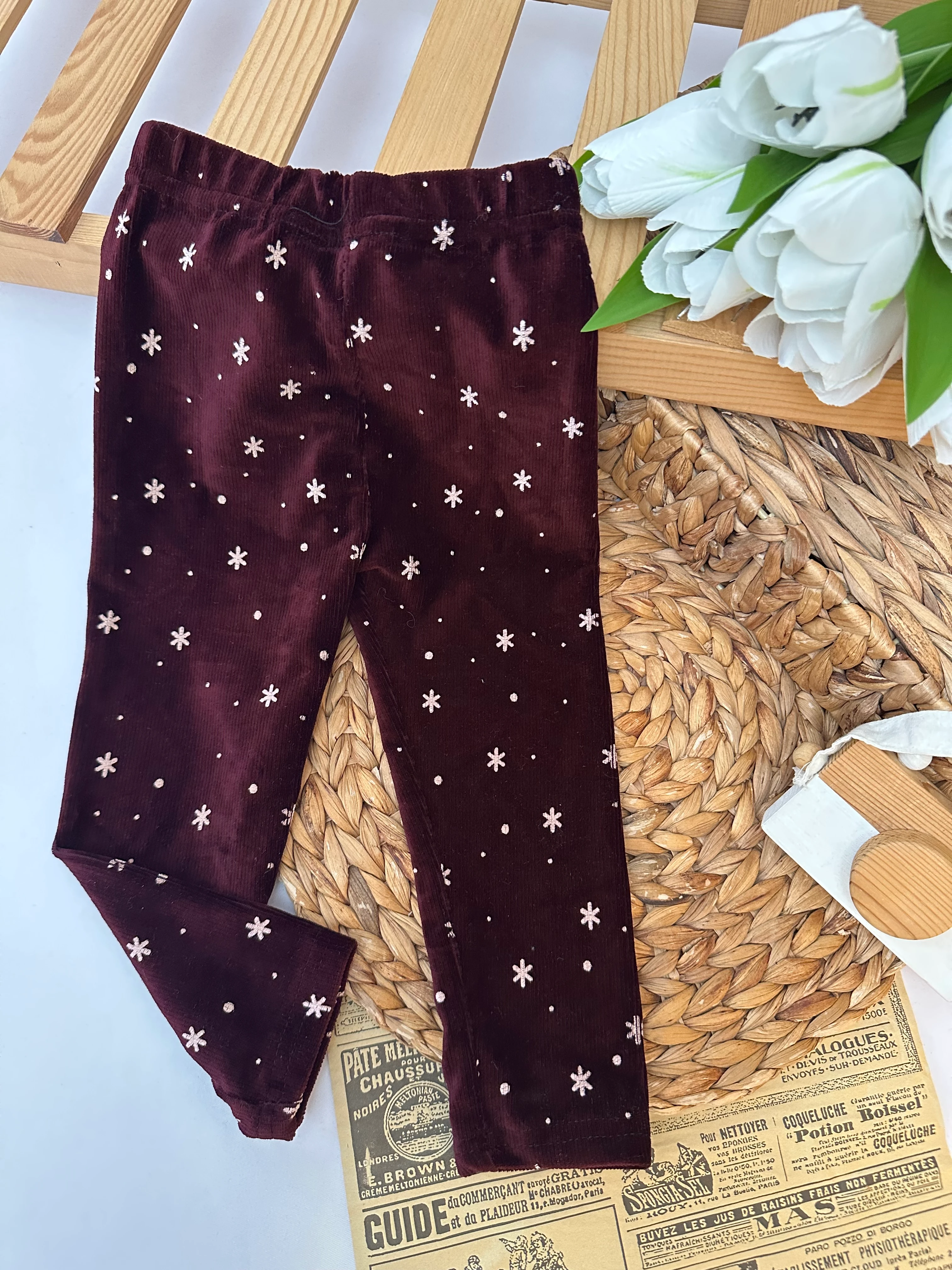 Kız Çocuk Bordo Kar Tanesi Kadife Tayt