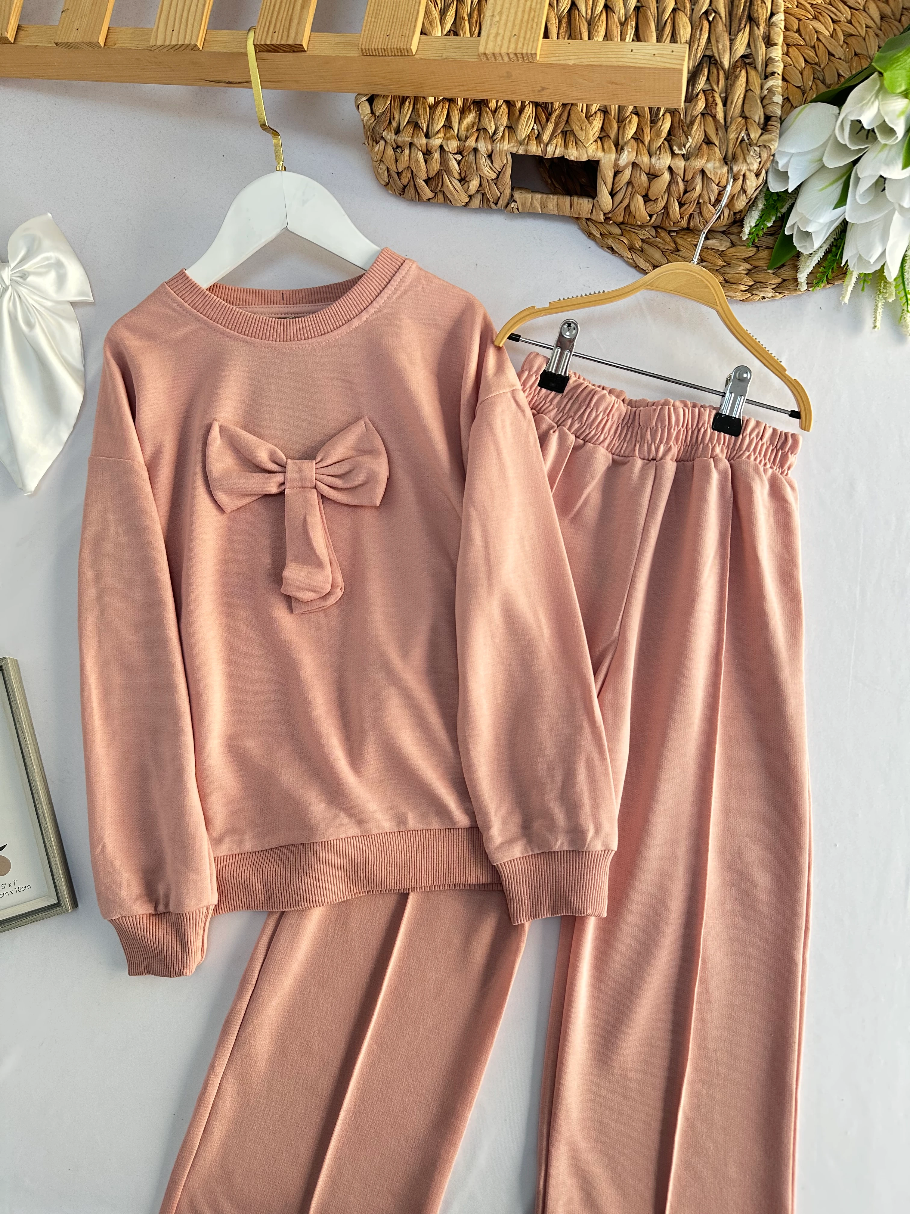 Kız Çocuk Pudra Fiyonk Detaylı Takım