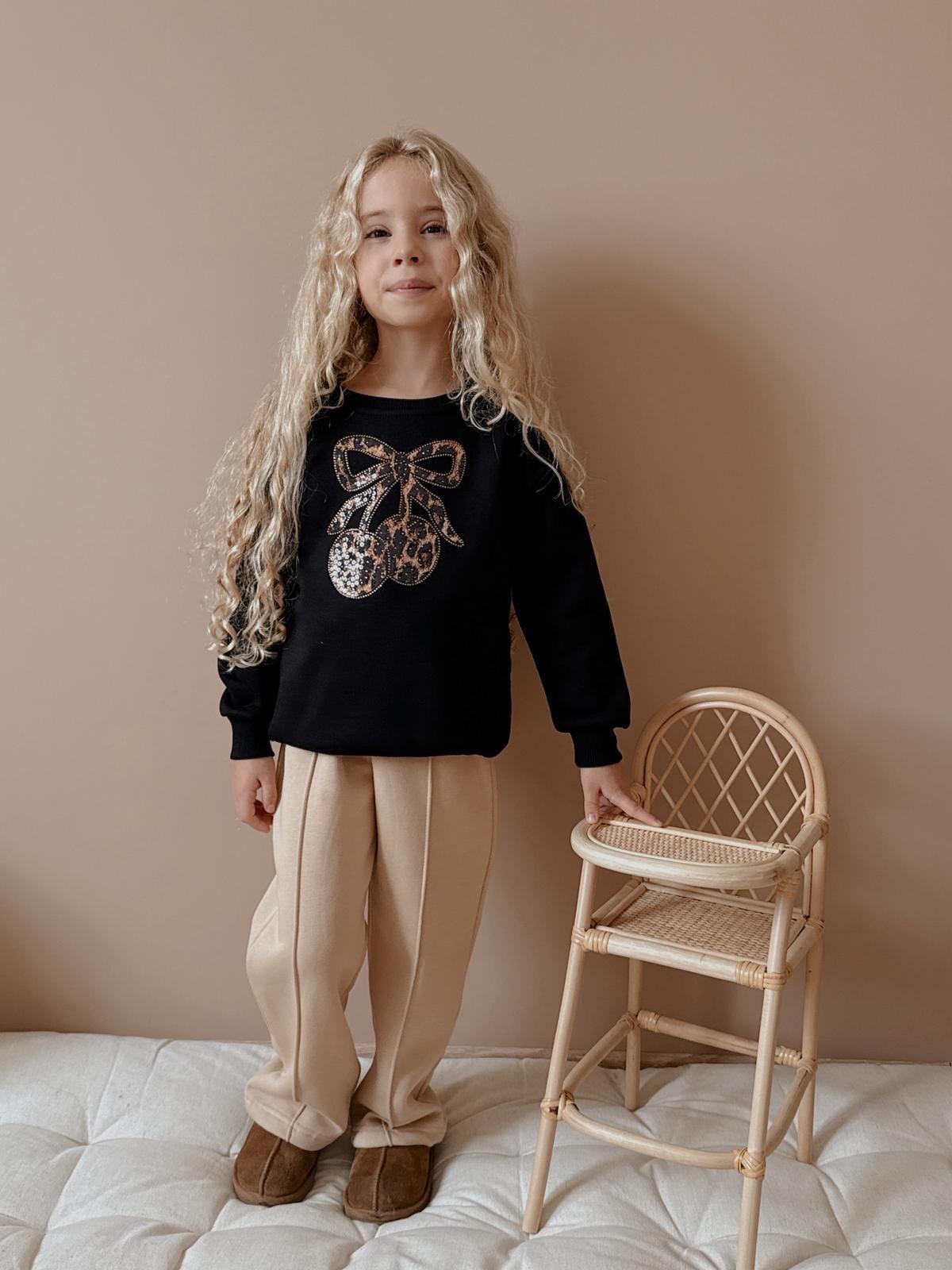 Kız Çocuk Siyah Kurdele Kiraz Desenli 2'li Takım