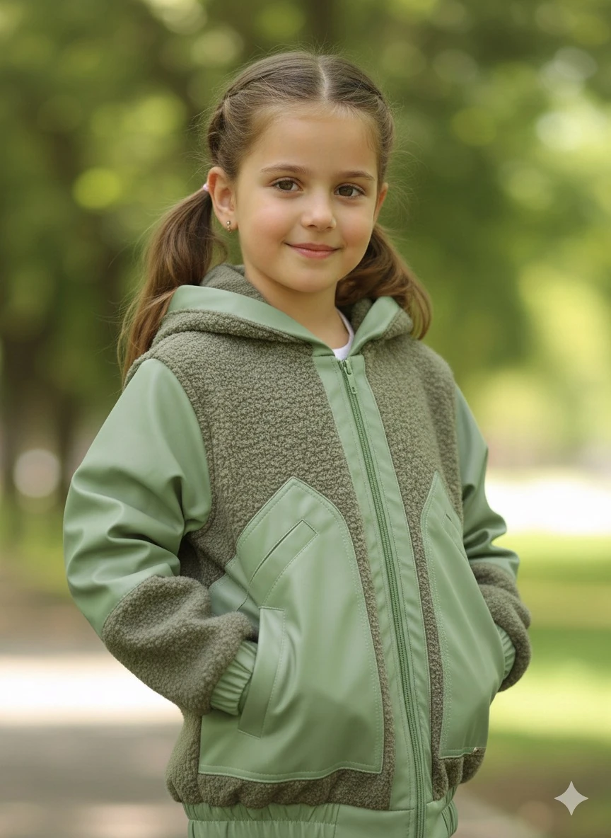 Kız Çocuk Yeşil Deri Detaylı Fermuarlı Ceket
