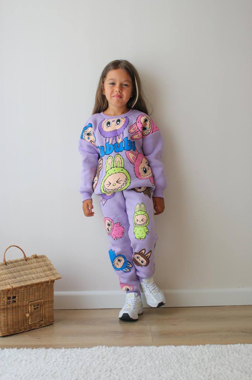 Kız Çocuk Mor Labubu Renkli Alt-Üst Takım