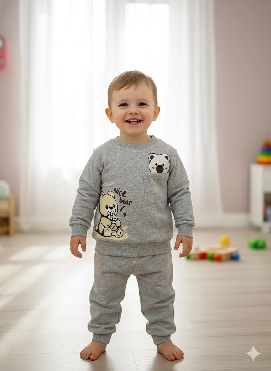 Erkek Çocuk Gri Cepli Ayıcık Takım