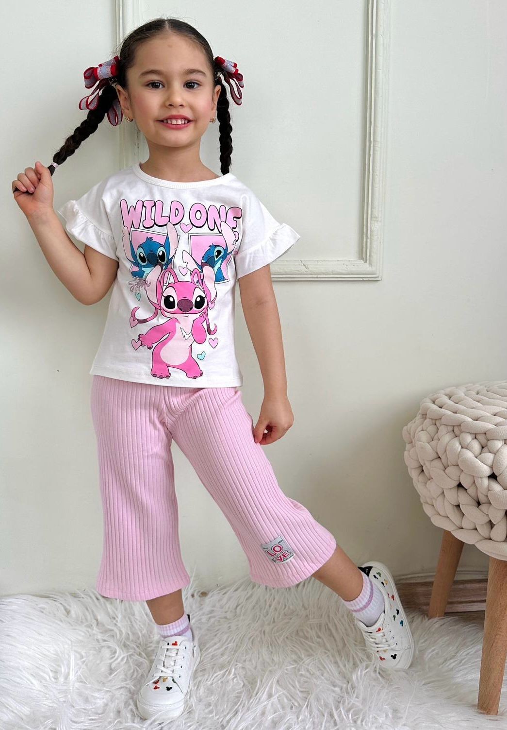 Kız Çocuk Pembe Stitch Kaprili Takım