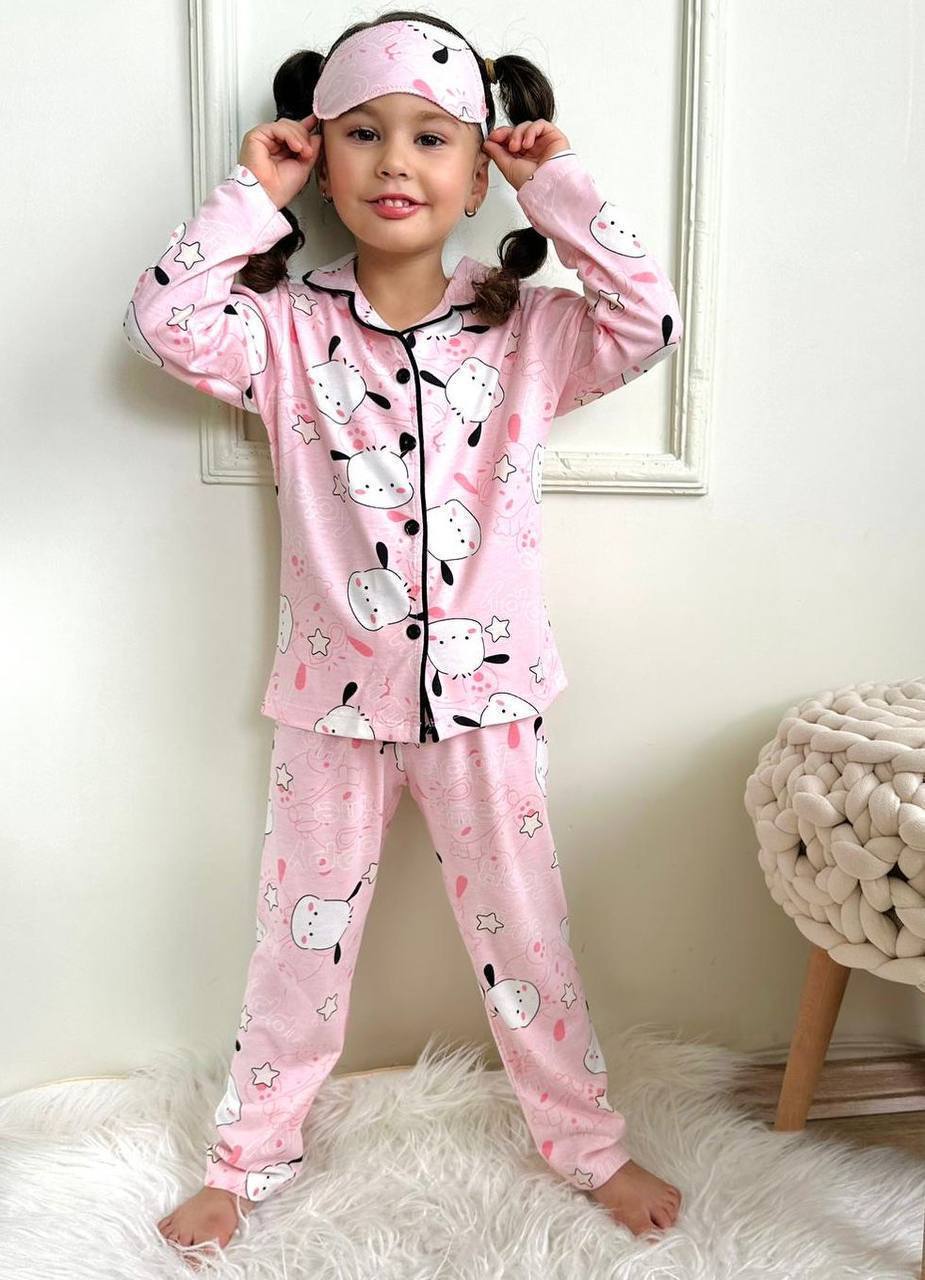 Kız Çocuk Pembe Sevimli Köpekcik Desenli Uyku Bandı Hediyeli Pijama Takımı